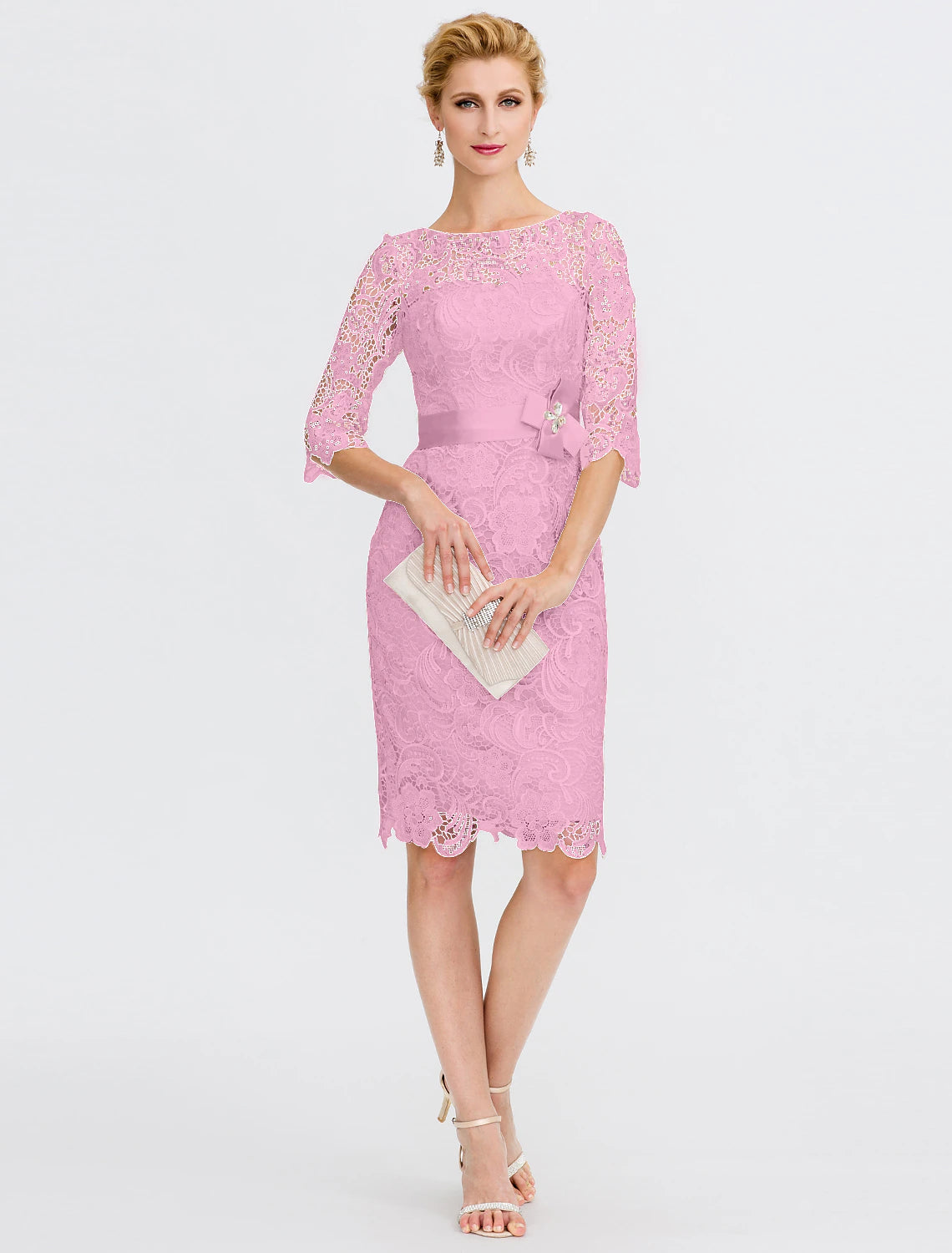 wholesale  Sheath / Column Mother of the Bride Dress Formal Wedding Guest Plus Size Elegant Illusion Neck Knee Length All Over Lace 3/4 Length Sleeve with Bow(s)