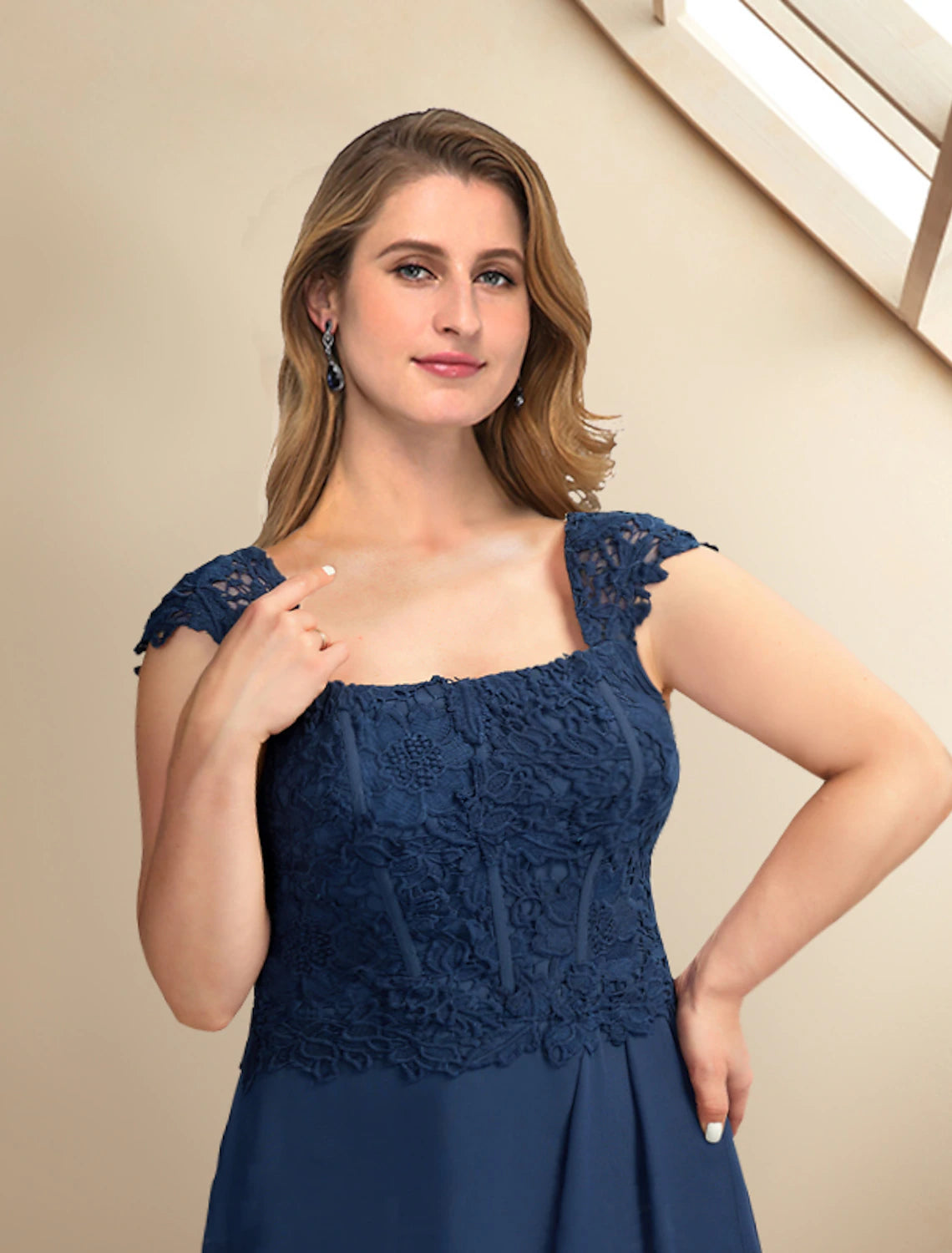 wholesale  Two Piece A-Line Mother of the Bride Dresses Plus Size Hide Belly Curve Elegant Dress Formal Asymmetrical Half Sleeve Square Neck Chiffon with Pleats Appliques