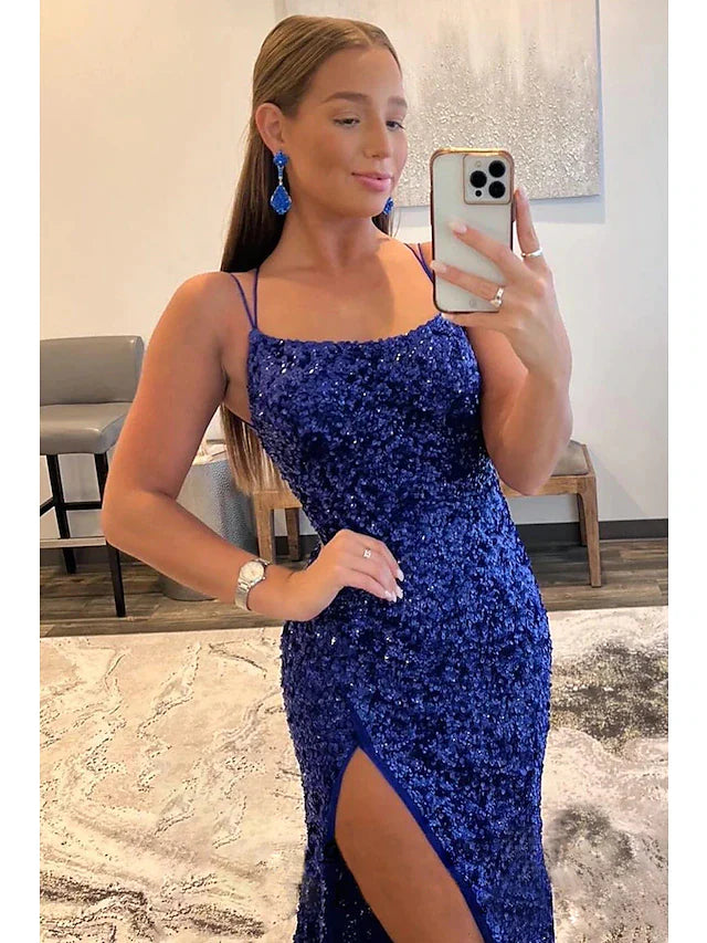 Wholesa Mermaid / Trumpet Prom Dresses Hot Dress Formal Sweep / Brush Train Sleeveless Spaghetti Strap Sequined Backless with Sequin Slit