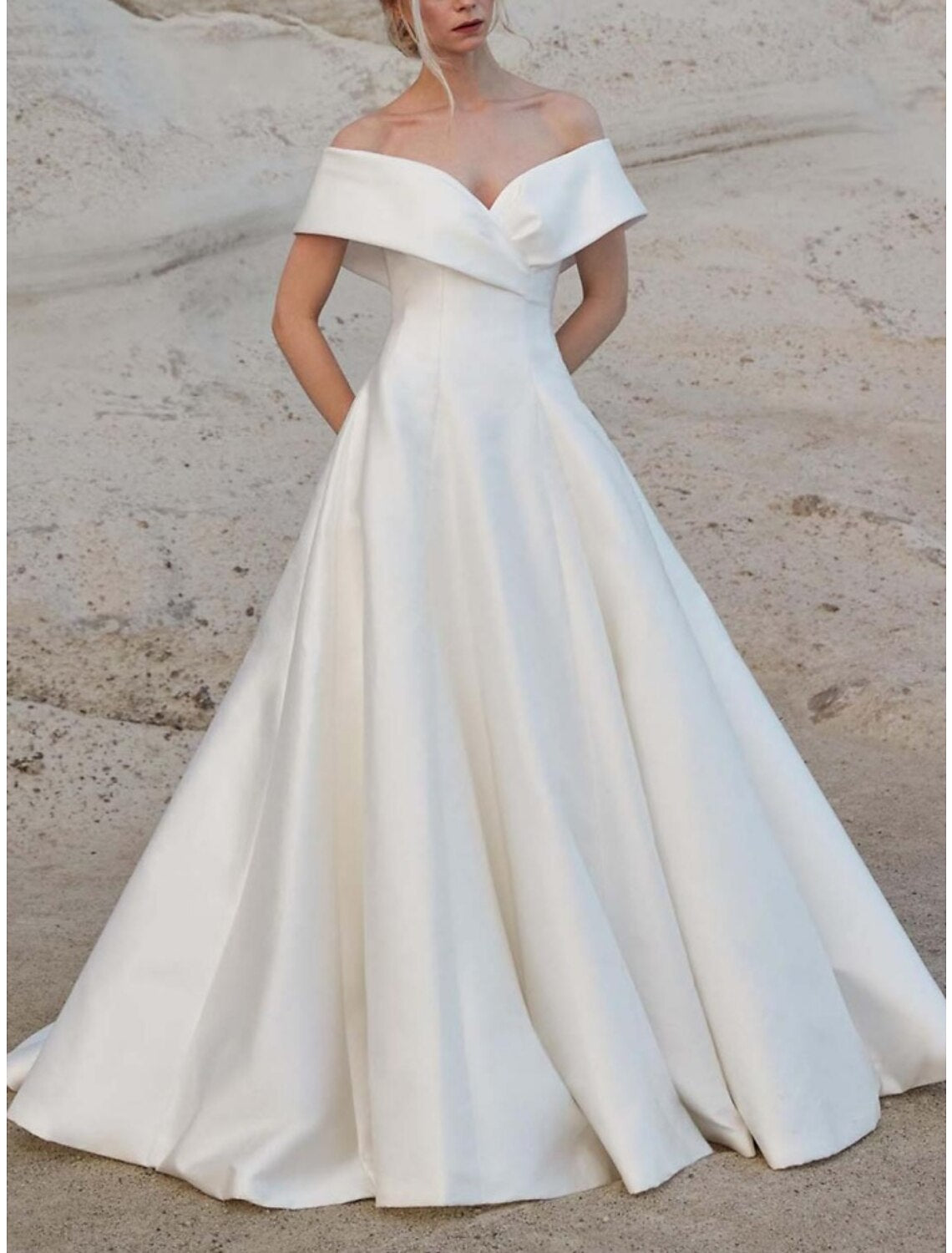 Wholesa  Hall Formal Wedding Dresses A-Line Off Shoulder Short Sleeve Sweep / Brush Train Satin Bridal Gowns With Pleats Solid Color
