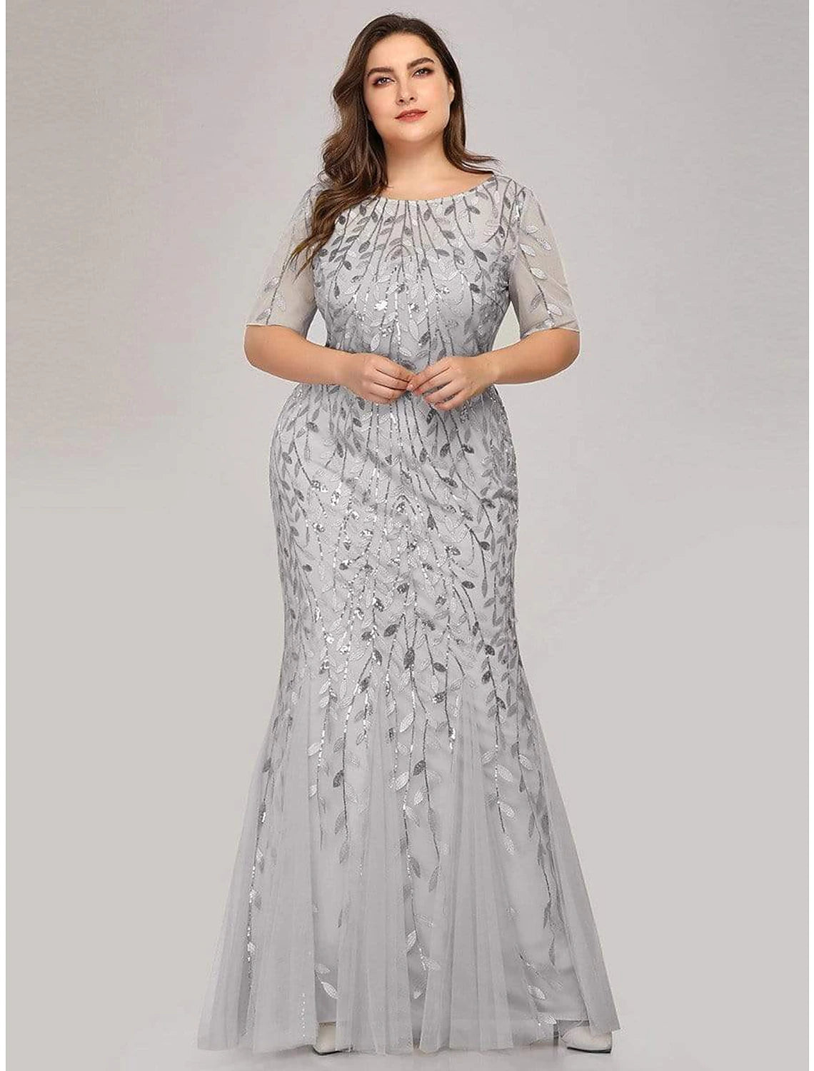 wholesa Mermaid / Trumpet Empire Elegant Party Wear Formal Evening Dress Jewel Neck Short Sleeve Floor Length Tulle with Embroidery / Illusion Sleeve
