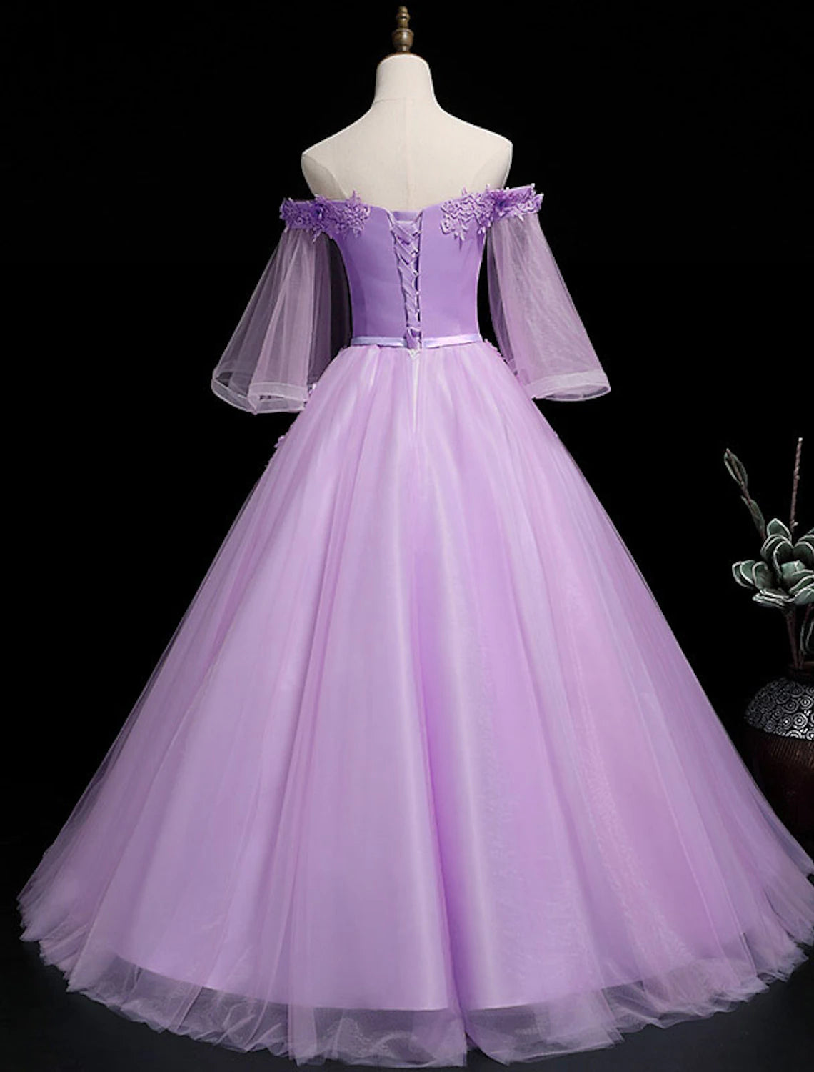 wholesale  Ball Gown Luxurious Floral Quinceanera Prom Birthday Dress Off Shoulder 3/4 Length Sleeve Floor Length Tulle with Sash / Ribbon Embroidery