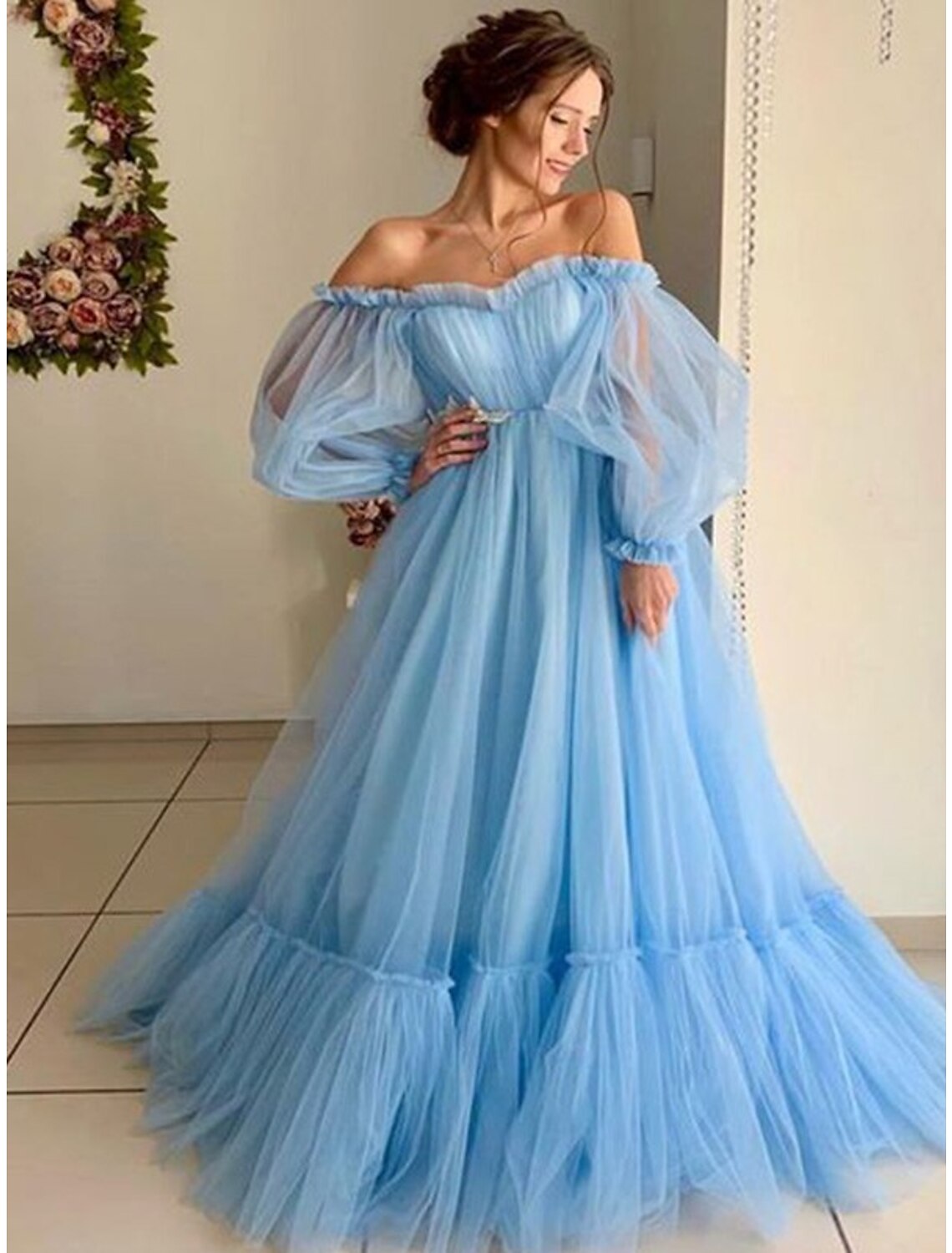 wholesa A-Line Minimalist Elegant Engagement Prom Dress Off Shoulder Long Sleeve Floor Length Tulle with Pleats Appliques