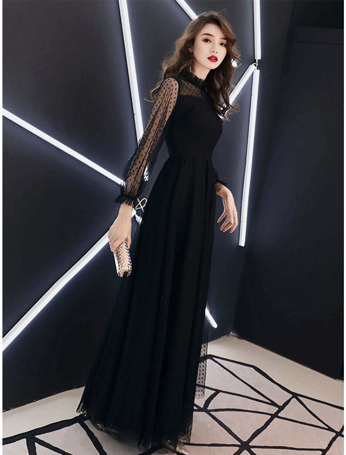 Wholesa A-Line Black Dress Elegant Party Wear Prom Dress High Neck Long Sleeve Floor Length Lace with Ruffles