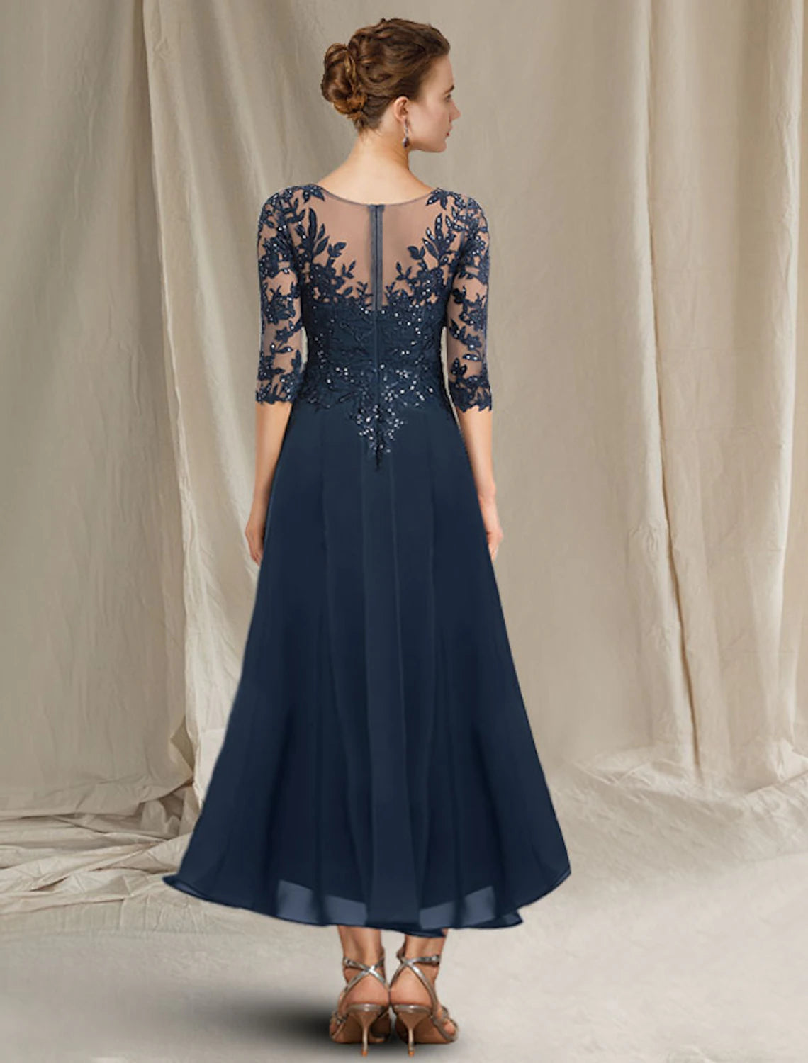 wholesale  A-Line Mother of the Bride Dress Elegant Sparkle & Shine High Low V Neck Asymmetrical Tea Length Chiffon Lace Half Sleeve with Sequin Ruffles Appliques