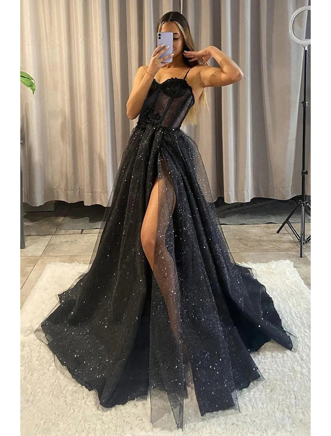 Wholesa A-Line Prom Dresses Glitter Black Dress Wedding Dresses Formal Gothic Dress Floor Length Sleeveless Sweetheart Spaghetti Tulle with Slit