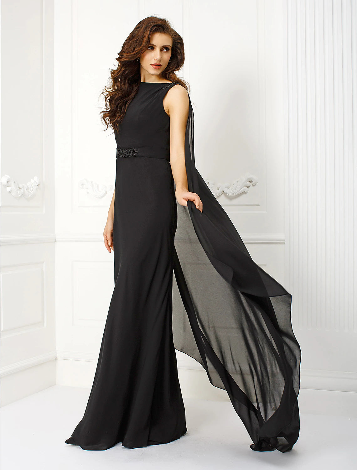 Wholesa Sheath / Column Elegant Dress Holiday Cocktail Party Watteau Train Sleeveless Bateau Neck Chiffon with Sash / Ribbon Beading