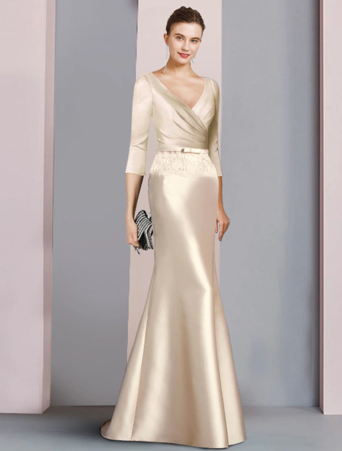 wholesale  Sheath / Column Mother of the Bride Dress Wedding Guest Vintage Elegant V Neck Floor Length Satin Lace 3/4 Length Sleeve with Sash / Ribbon Bow(s)