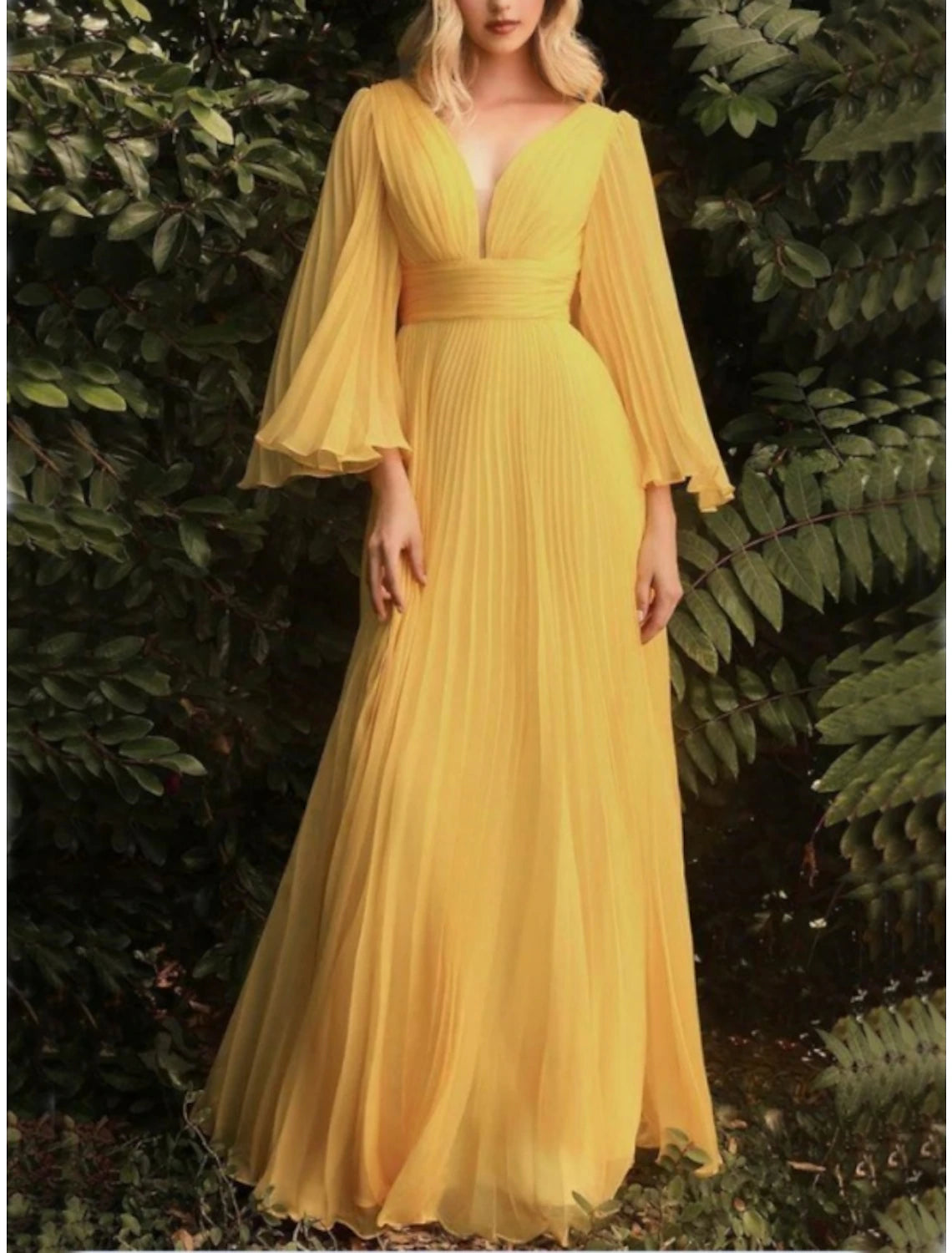 Wholesa Sheath / Column Wedding Guest Dresses Elegant Dress Wedding Guest Floor Length Long Sleeve V Neck Chiffon with Pleats Ruched