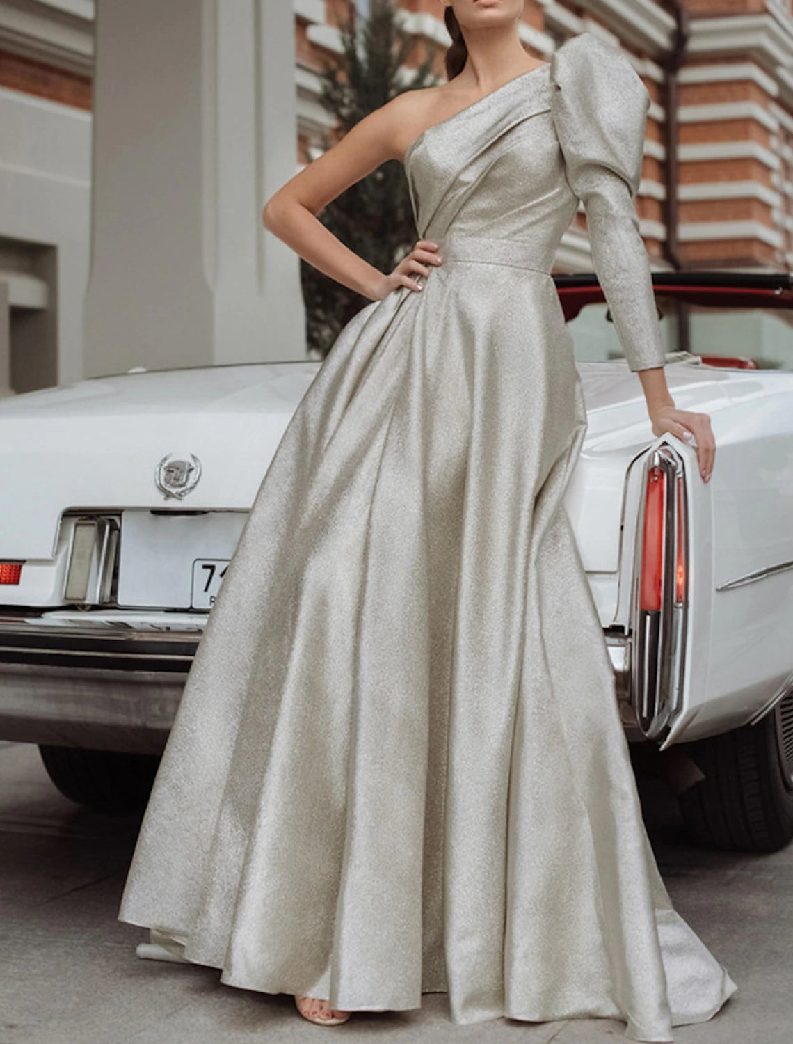 Wholesa A-Line Evening Gown Elegant Dress Formal Wedding Guest Floor Length Long Sleeve One Shoulder Sequined with Pleats
