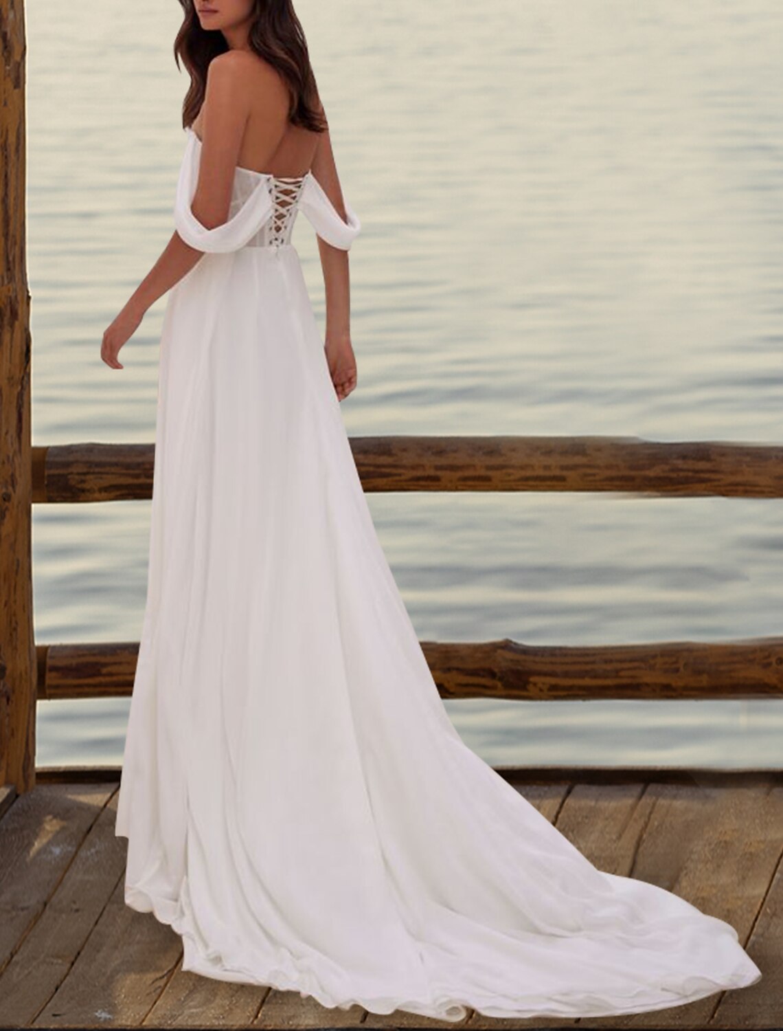 Wholesa Hall Formal Wedding Dresses Sheath / Column Off Shoulder Short Sleeve Court Train Organza Bridal Gowns With Pleats Ruched