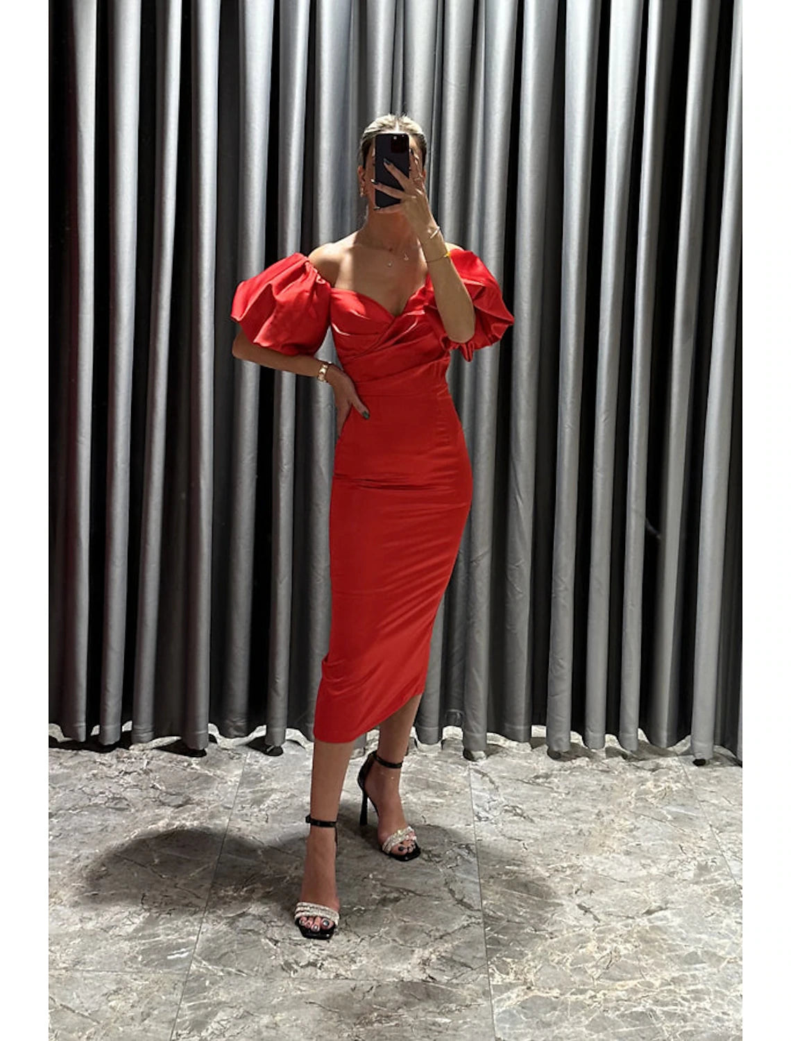 wholesale  Sheath / Column Cocktail Dresses Party Dress Formal Fall Tea Length Short Sleeve Off Shoulder Satin with Ruched Slit