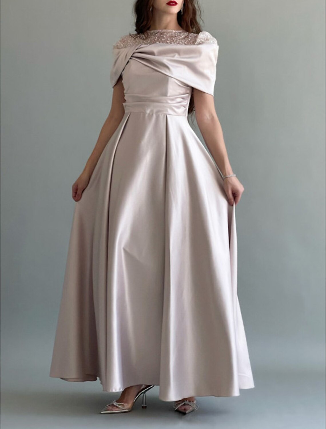 Wholesa A-Line Evening Gown Elegant Dress Wedding Guest Prom Floor Length Sleeveless Jewel Neck Satin with Ruched Pearls Sequin