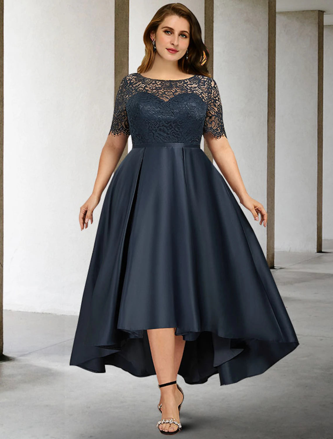 wholesale  A-Line Mother of the Bride Dresses Plus Size Hide Belly Curve Elegant Dress Formal Asymmetrical Short Sleeve Jewel Neck Satin with Pleats