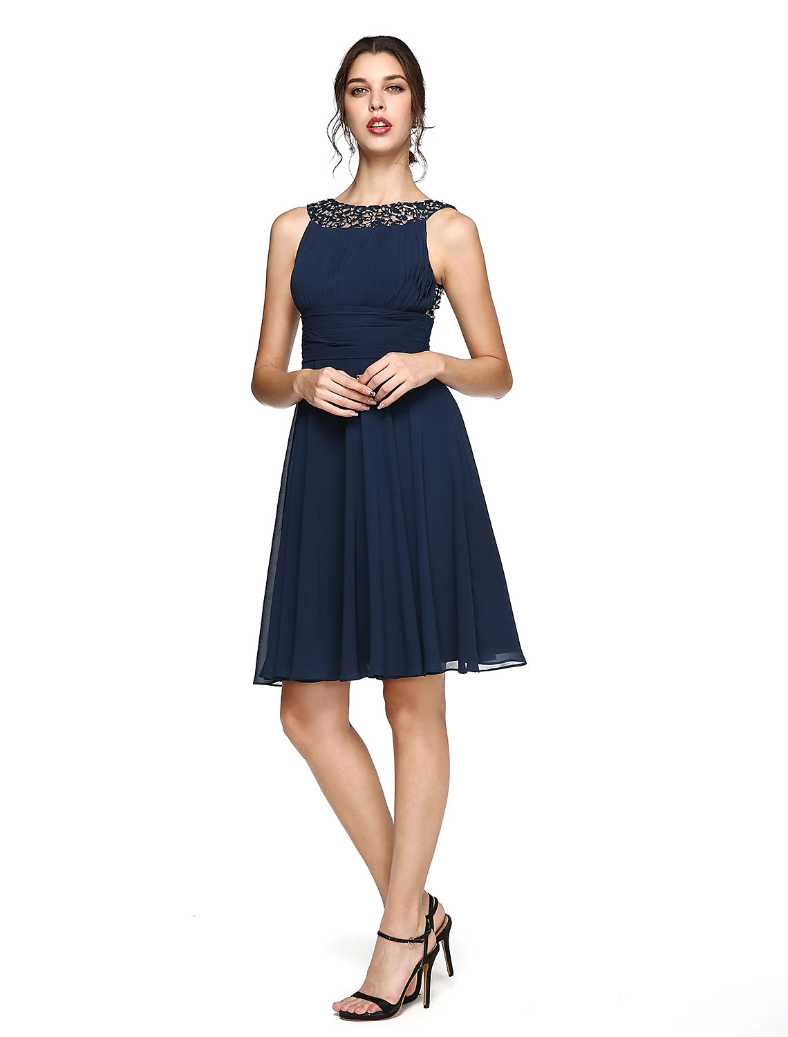 Wholesa  A-Line Cocktail Dresses Party Dress Wedding Guest Cocktail Party Knee Length Sleeveless Illusion Neck Chiffon with Ruched Sequin Lace Insert