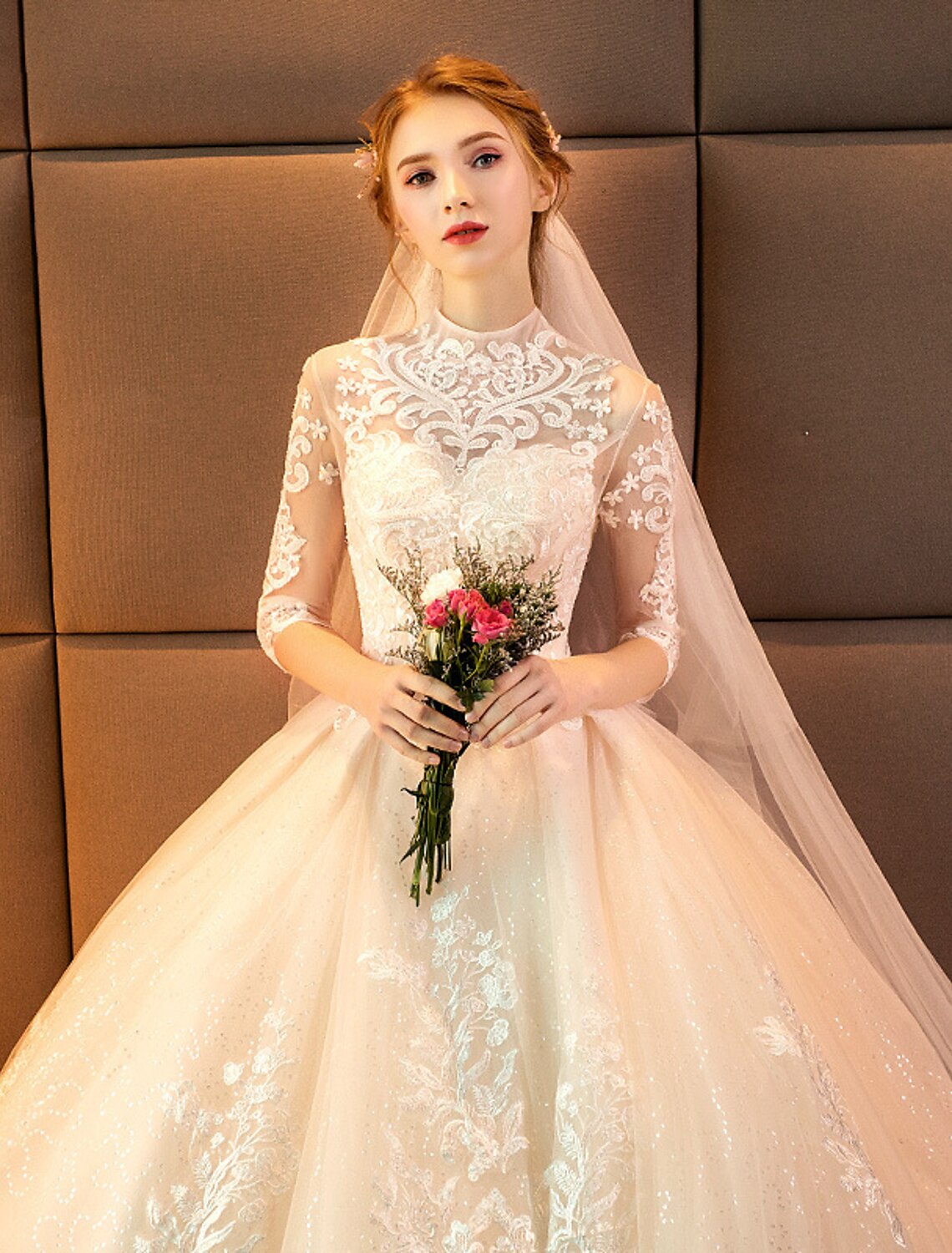 wholesale  Engagement Sparkle & Shine Formal Fall Wedding Dresses Ball Gown High Neck Long Sleeve Cathedral Train Lace Bridal Gowns With Sequin Appliques