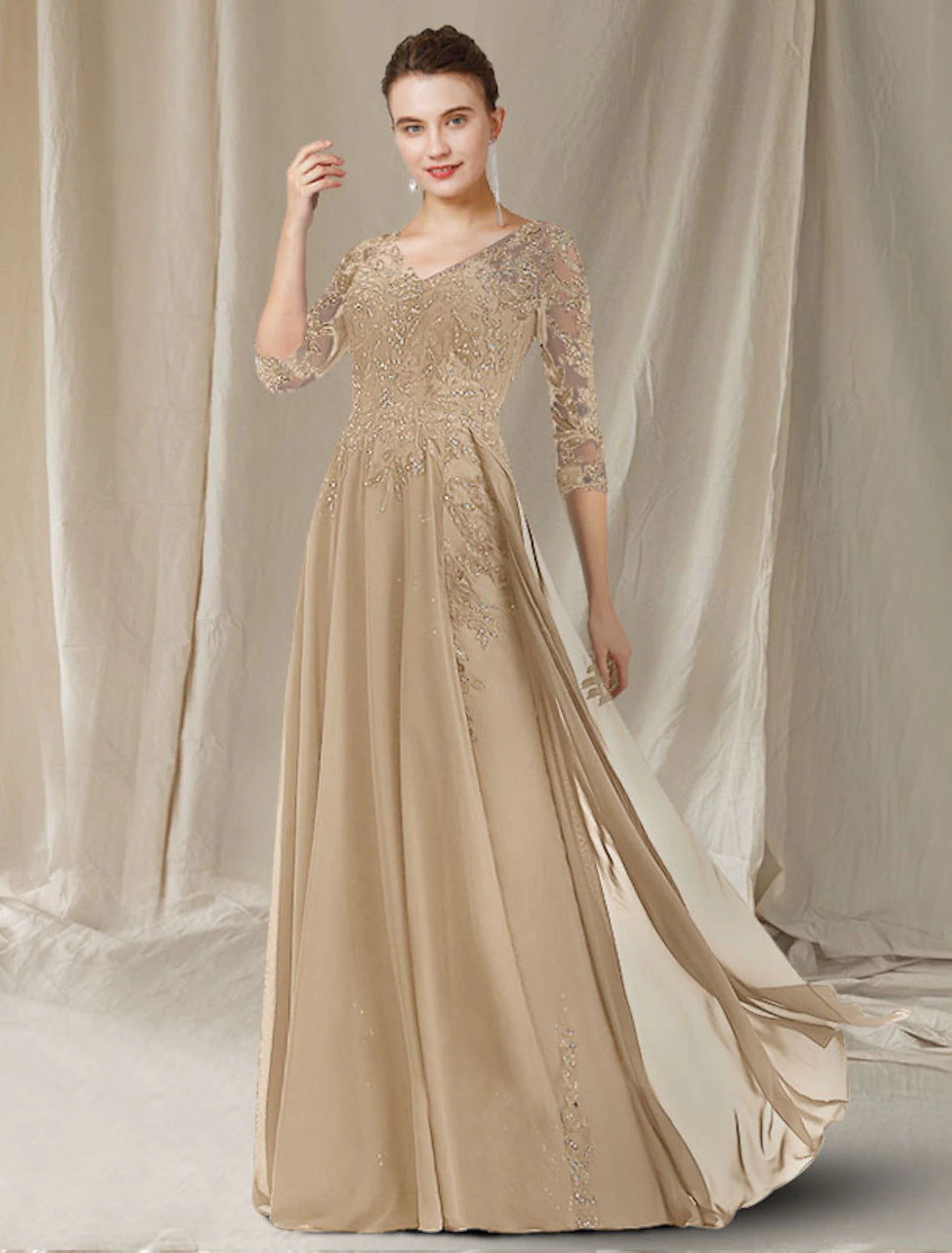 wholesale  A-Line Mother of the Bride Dress Elegant V Neck Floor Length Chiffon Lace Sequined Half Sleeve with Sequin Appliques