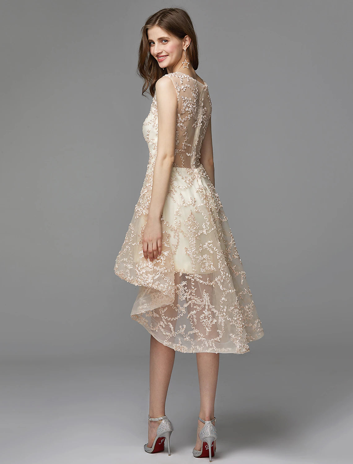 wholesa A-Line Hot Dress Wedding Guest Cocktail Party Asymmetrical Sleeveless Illusion Neck Tulle with Appliques