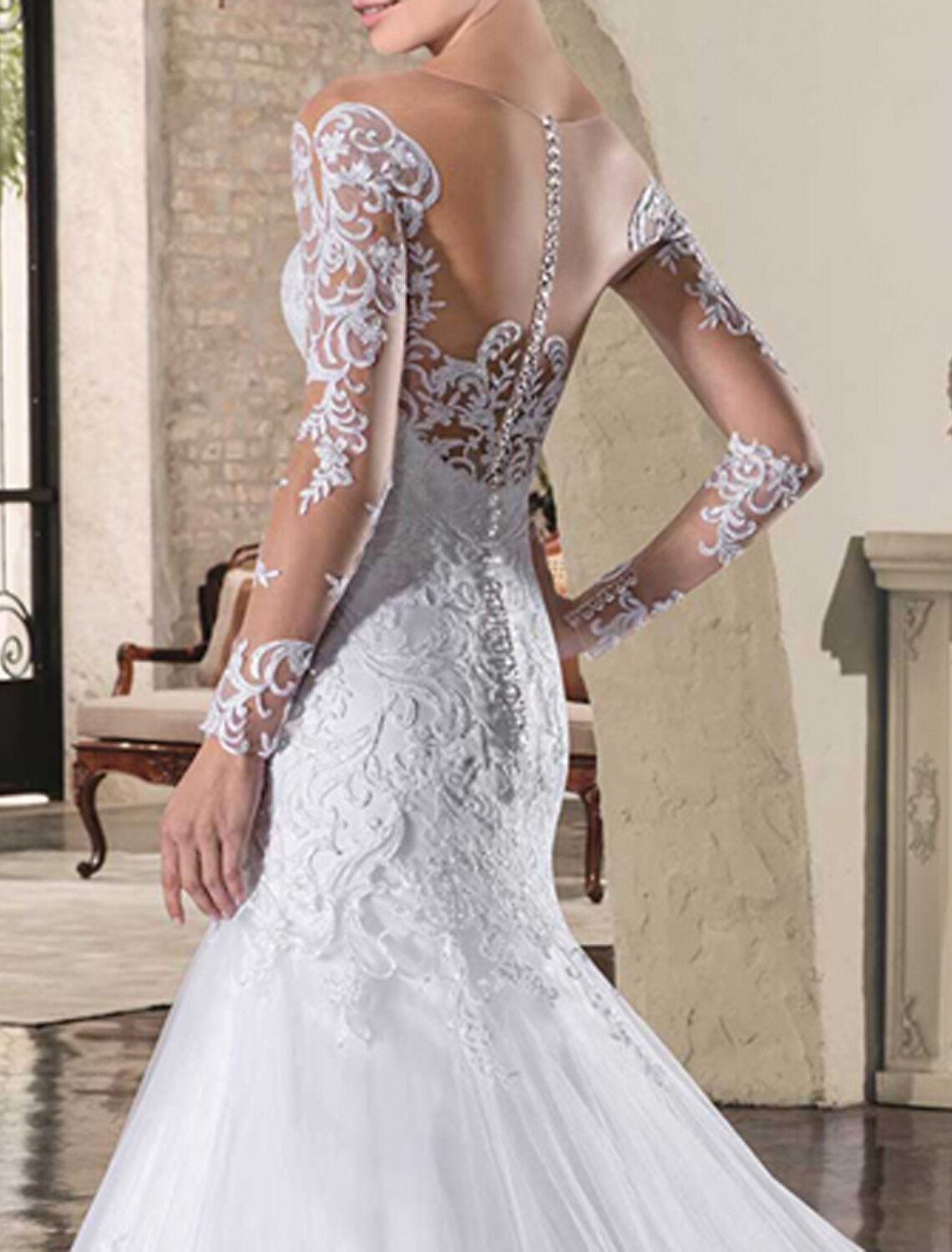 wholesale  White  Engagement Open Back Formal Fall Wedding Dresses Mermaid / Trumpet Illusion Neck Long Sleeve Court Train Lace Bridal Gowns With Appliques