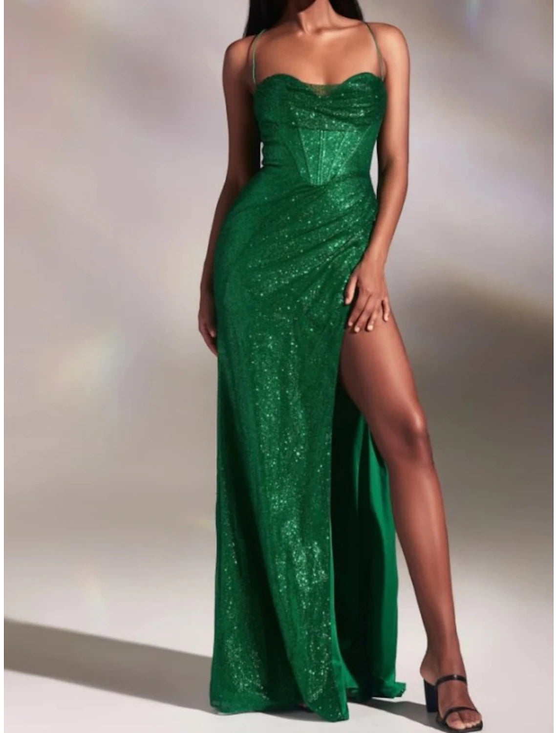 wholesale  Sheath / Column Prom Dresses Corsets Dress Wedding Party Sweep / Brush Train Sleeveless Cowl Neck Fall Wedding Reception Sequined with Glitter Ruched Slit