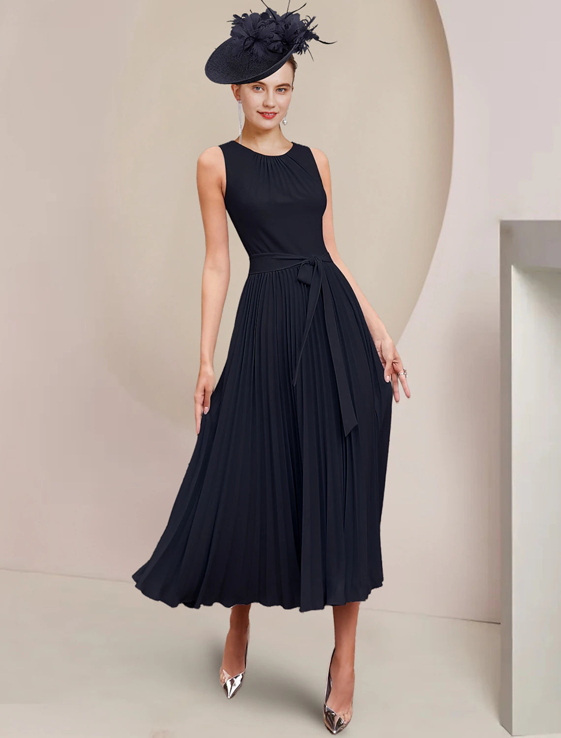 wholesale  Two Piece A-Line Mother of the Bride Dress Wedding Guest Party Vintage Elegant Scoop Neck Tea Length Chiffon Sleeveless Wrap Included with Bow(s) Pleats