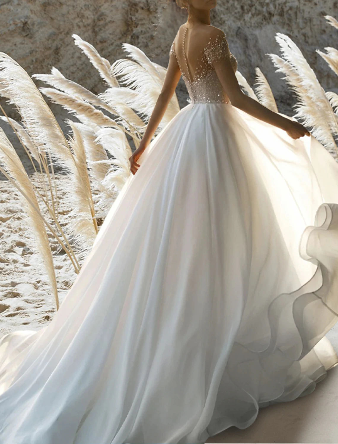 Wholesa  Beach Formal Wedding Dresses A-Line Off Shoulder Short Sleeve Court Train Chiffon Bridal Gowns With Pleats Beading