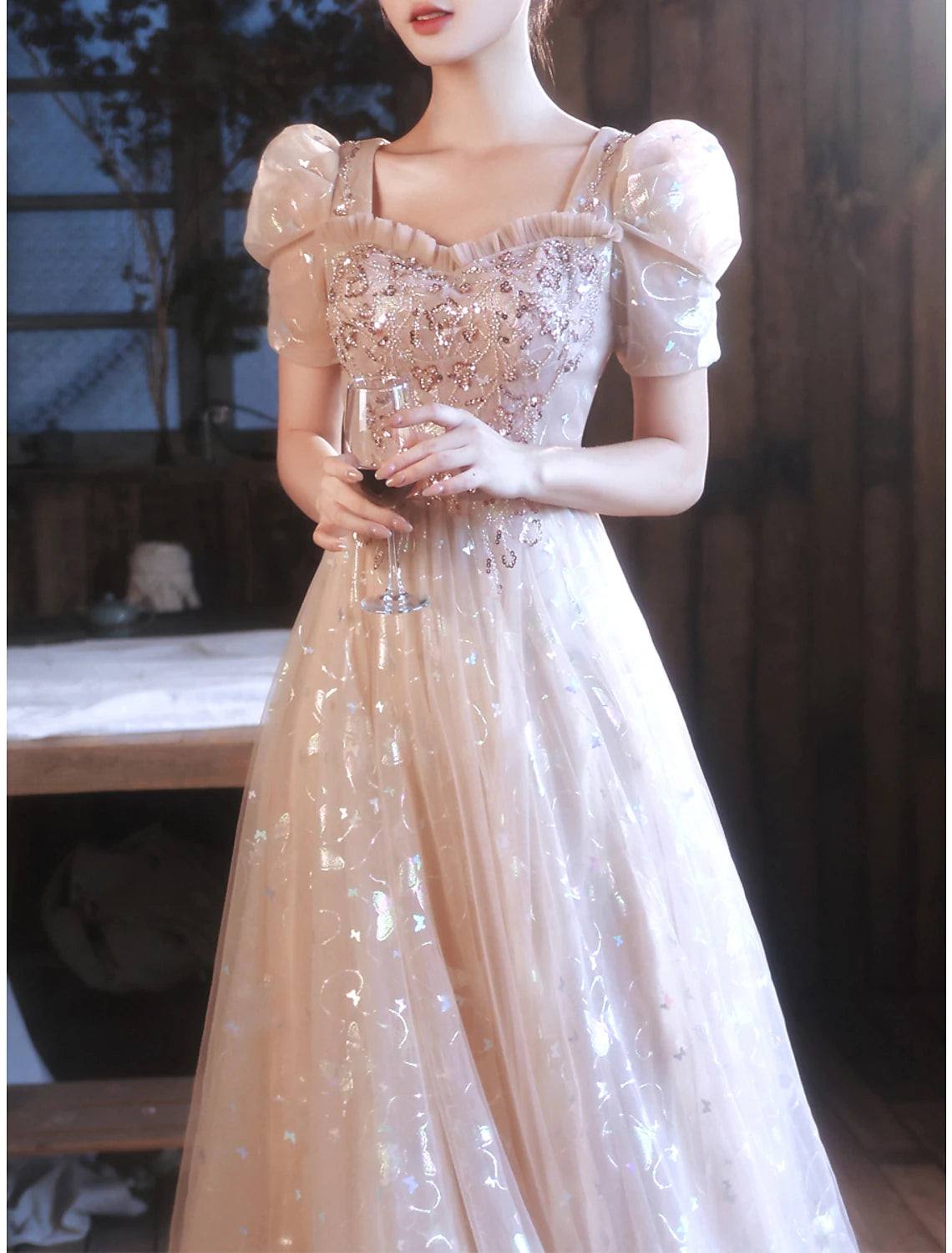 Wholesa A-Line Prom Dresses Elegant Dress Party Wear Prom Floor Length Half Sleeve Sweetheart Satin with Appliques Strappy