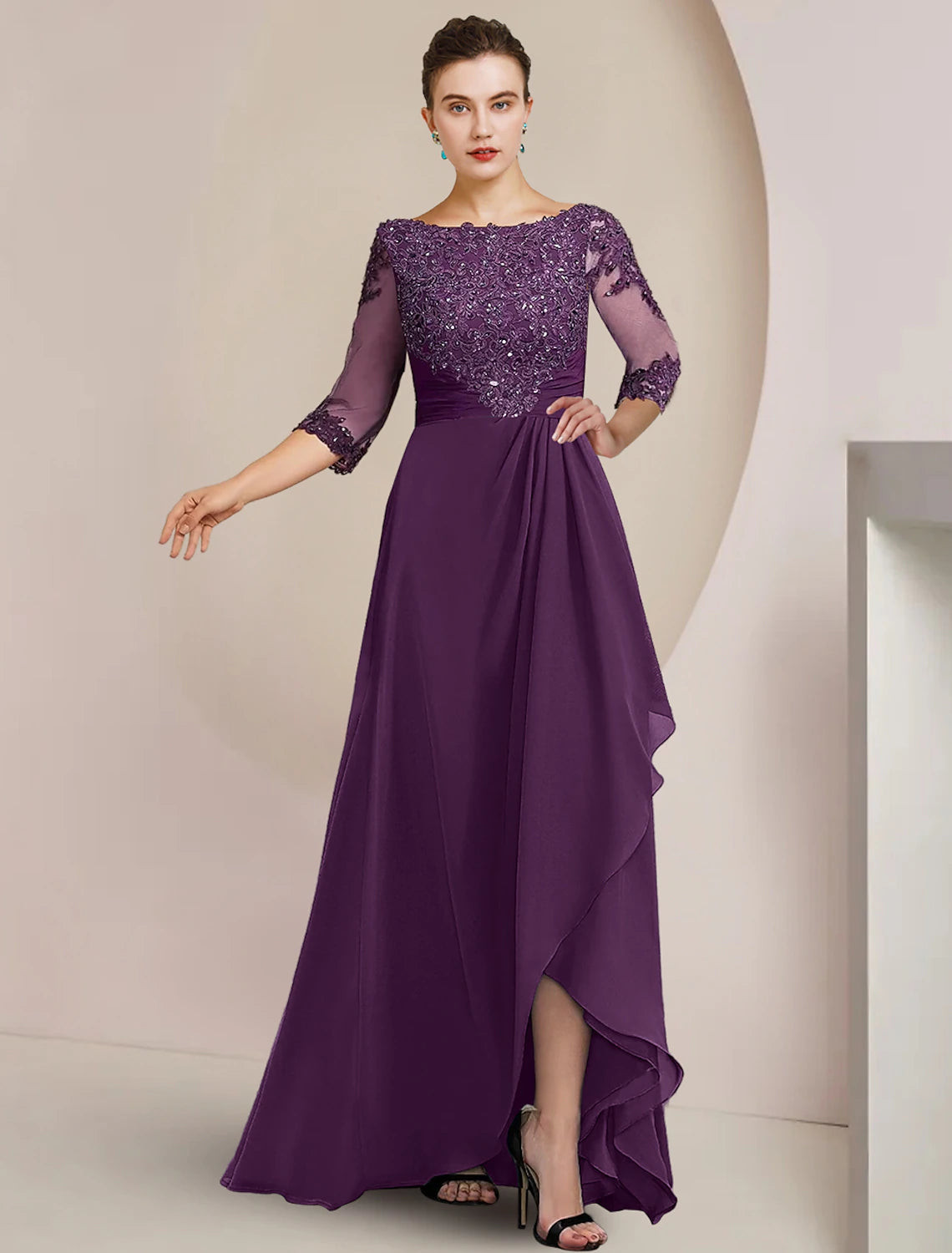 wholesale  A-Line Mother of the Bride Dress Formal Wedding Guest Elegant High Low Scoop Neck Asymmetrical Floor Length Chiffon Lace 3/4 Length Sleeve with Beading Sequin Appliques