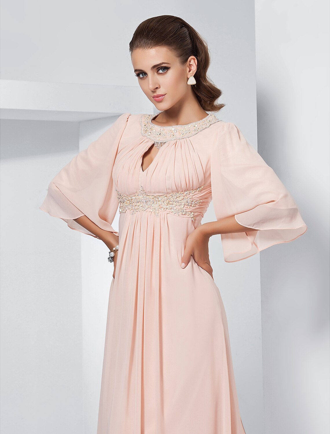 Wholesa A-Line Special Occasion Dresses Elegant Dress Wedding Guest Formal Evening Sweep / Brush Train Half Sleeve Jewel Neck Chiffon with Beading Draping