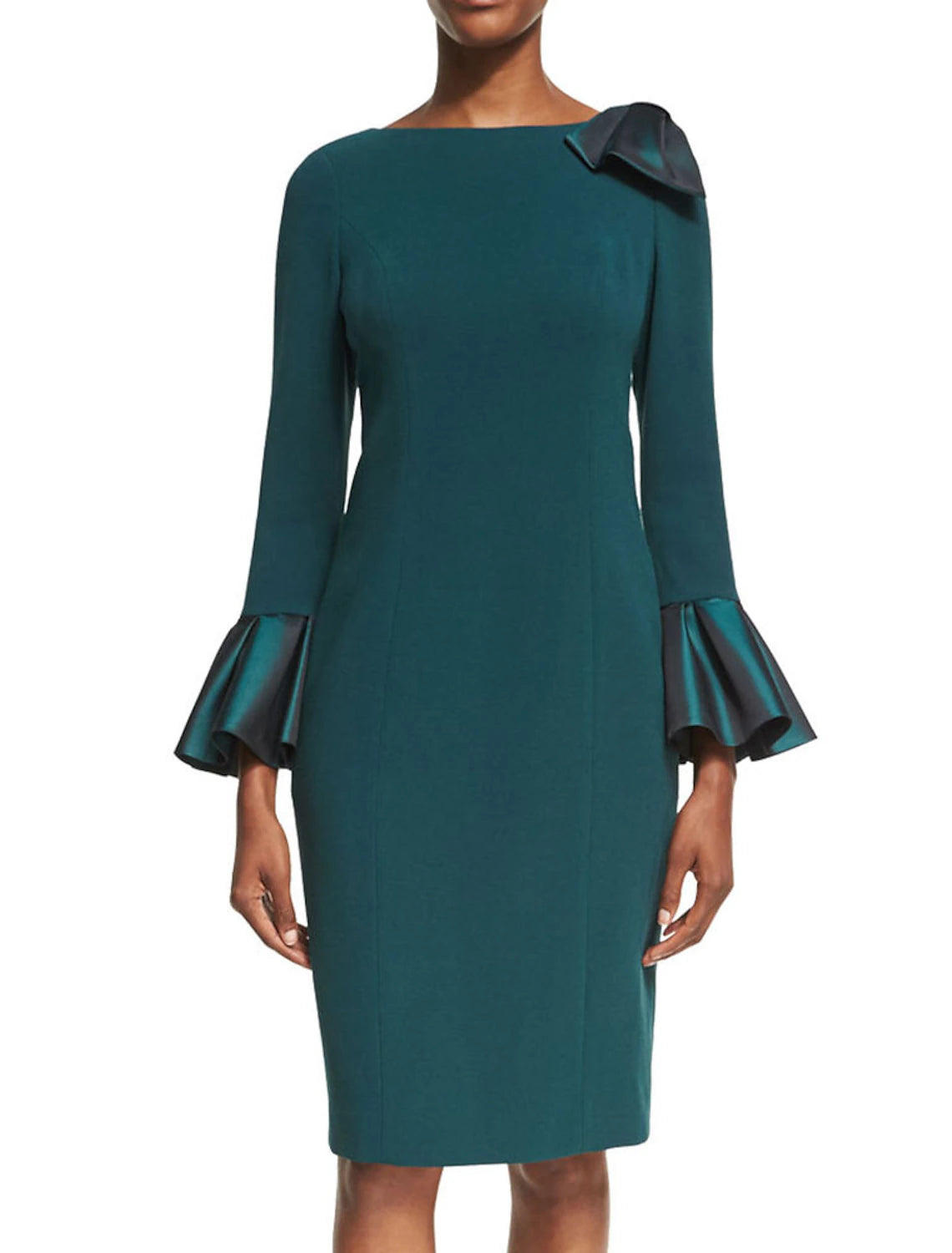 wholesale  Sheath / Column Mother of the Bride Dress Vintage Minimalist Elegant Jewel Neck Knee Length Shantung Stretch Satin Stretch Fabric Long Sleeve with Bow(s) Ruffles Draping