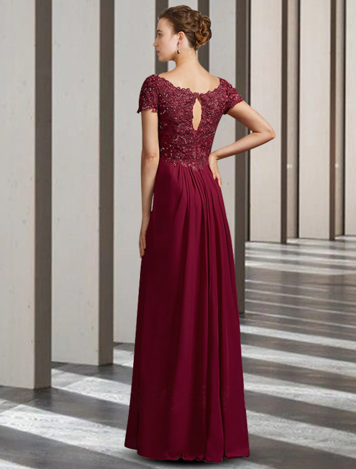wholesale  Sheath / Column Mother of the Bride Dress Elegant V Neck Floor Length Chiffon Lace Short Sleeve with Appliques