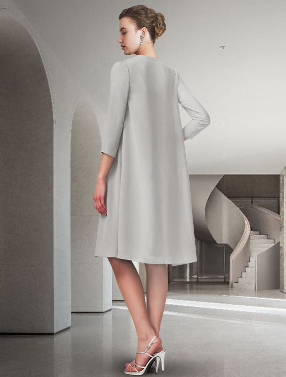 wholesale  Two Piece A-Line Mother of the Bride Dress Church Elegant Jewel Neck Knee Length Chiffon Sleeveless with Pleats Ruched