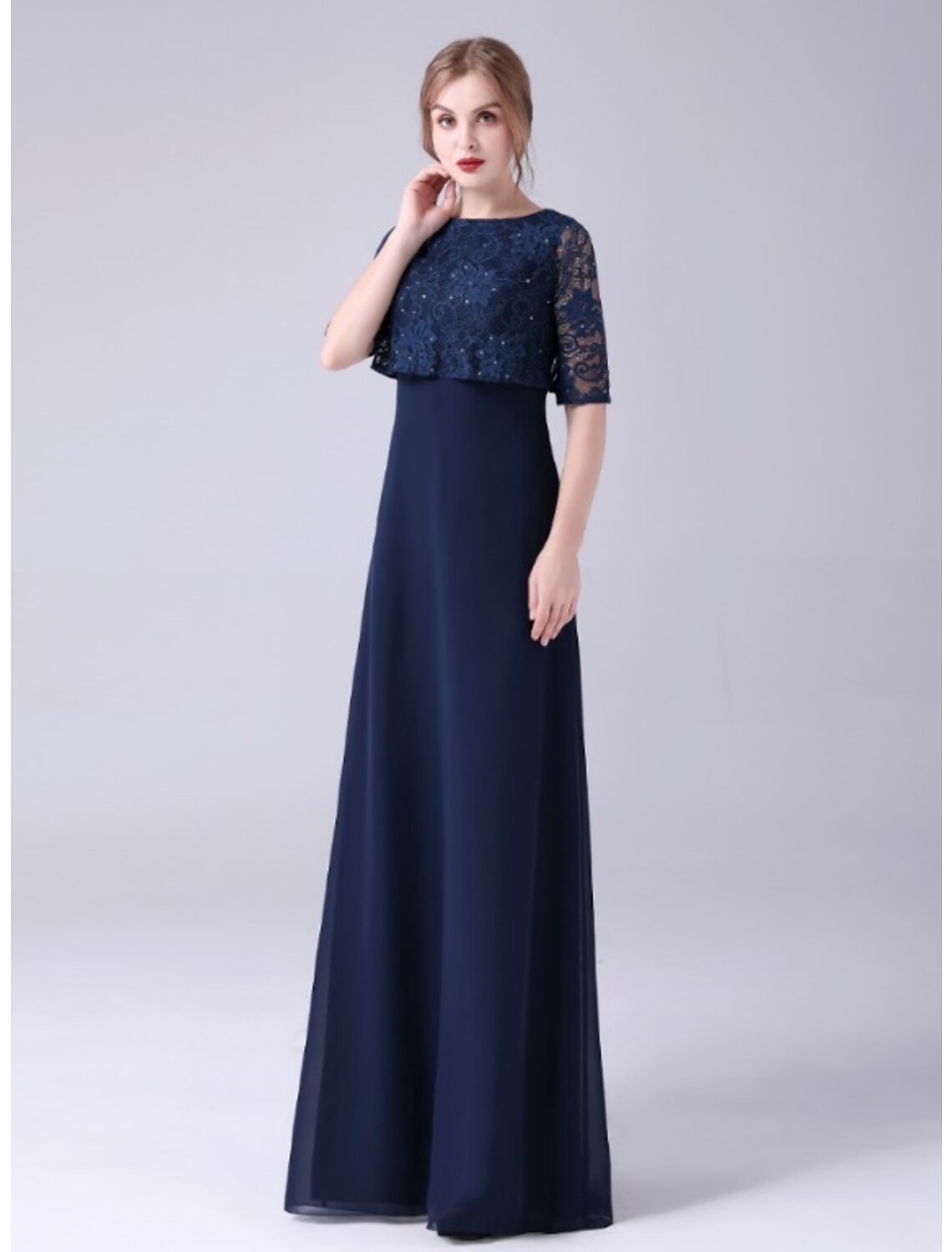 wholesale  A-Line Mother of the Bride Dress Elegant Sweet Jewel Neck Floor Length Chiffon Half Sleeve with Lace Crystals