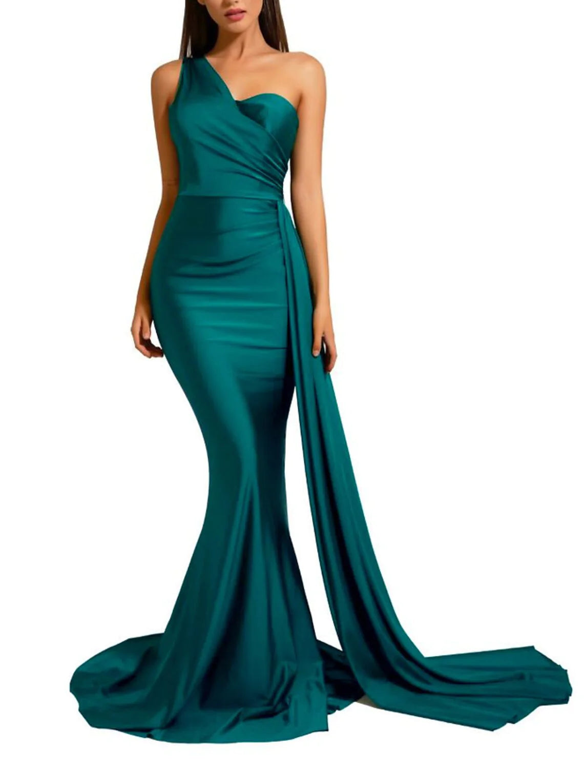 Wholesa Mermaid / Trumpet Minimalist Sexy Engagement Formal Evening Birthday Dress One Shoulder Sleeveless Sweep / Brush Train Charmeuse with Draping