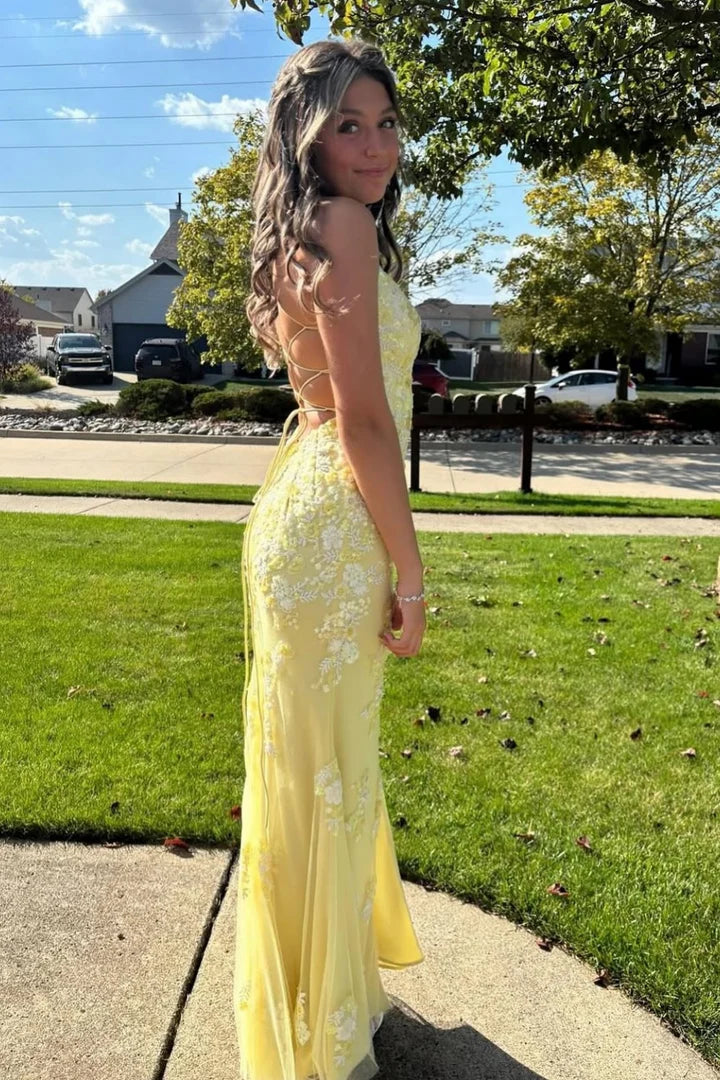 Vibrant Fitted V-neck Spaghetti Strap Lace-Up High-Slit Mermaid Prom Dress