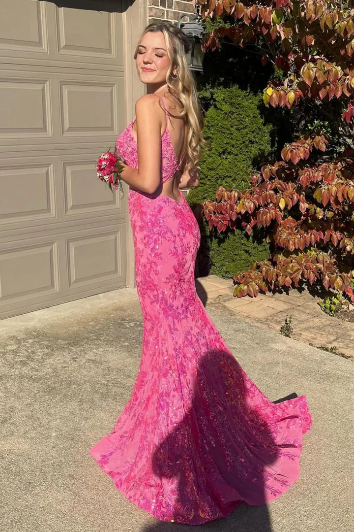 Vibrant Spaghetti-Strap Lace-Appliquéd Hot Pink Mermaid Prom Dress