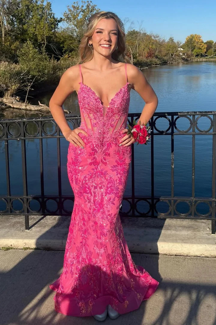 Vibrant Spaghetti-Strap Lace-Appliquéd Hot Pink Mermaid Prom Dress