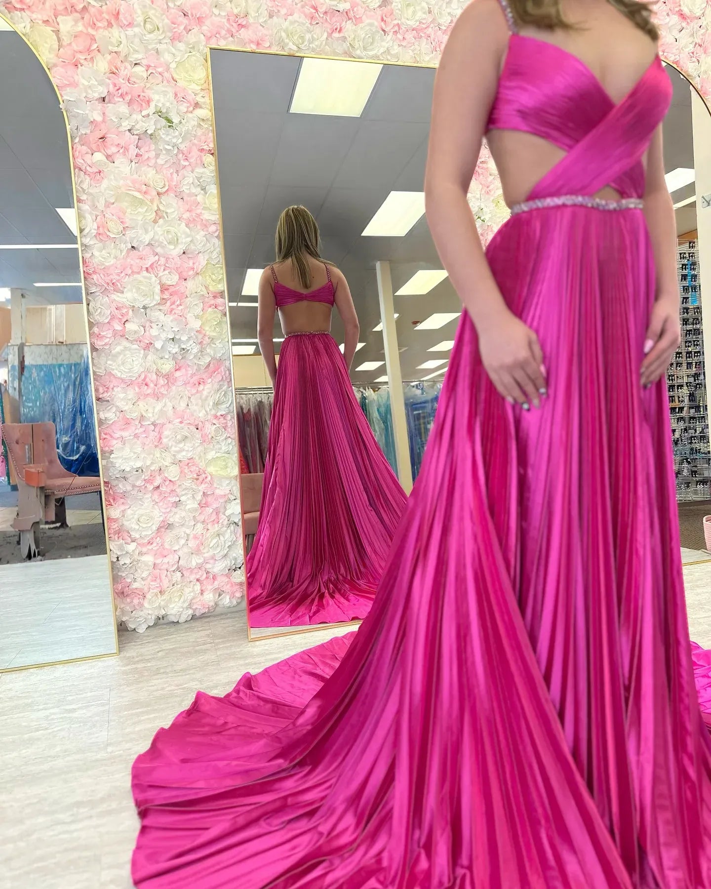 Vibrant Spaghetti-Strap Pleated Hot Pink Cut-Out Prom Dress