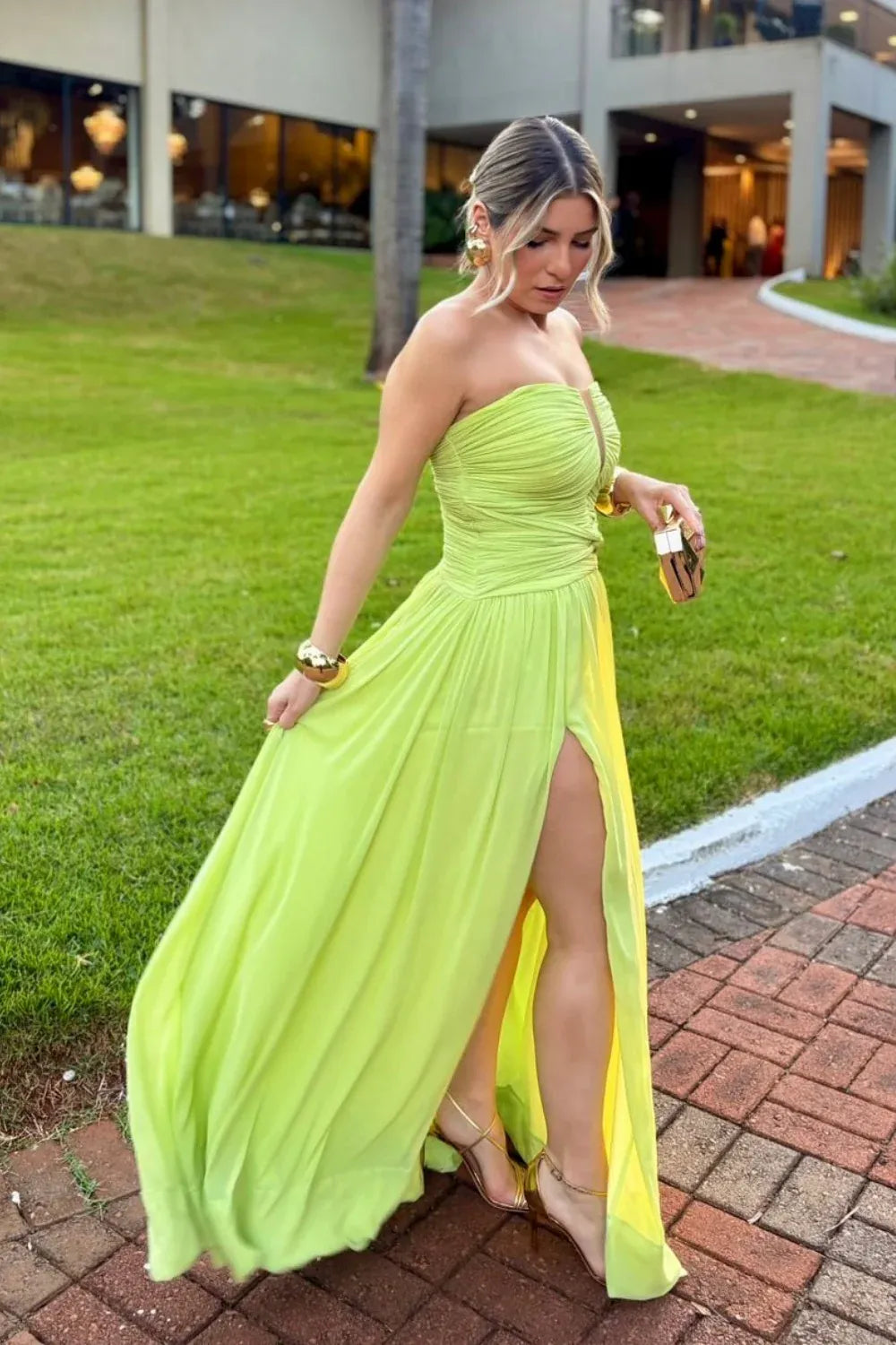 Vibrant Strapless Ruched High-Slit Chiffon Prom Dress