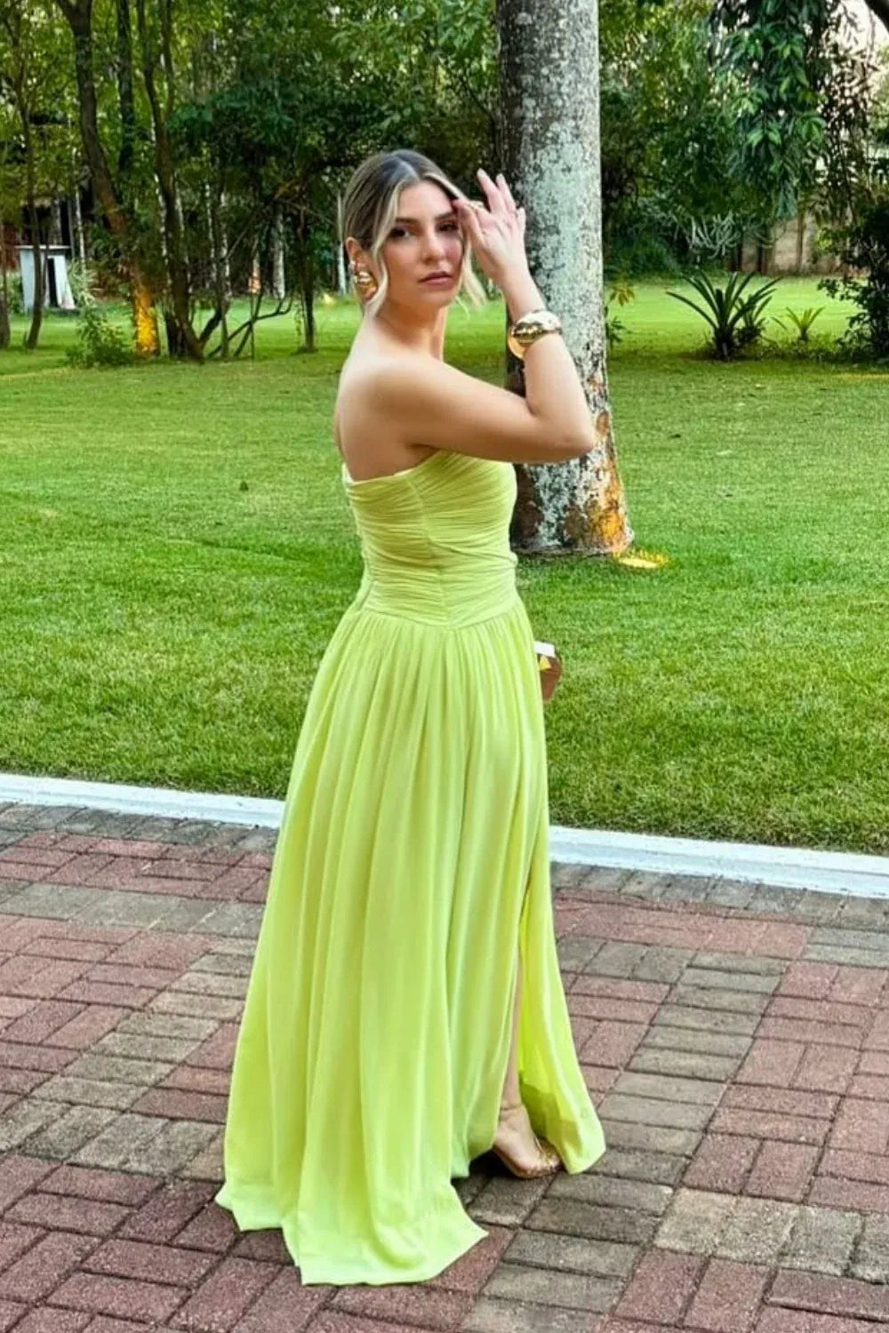 Vibrant Strapless Ruched High-Slit Chiffon Prom Dress