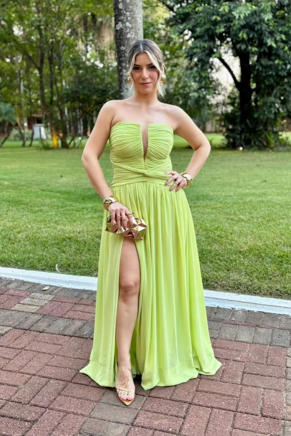 Vibrant Strapless Ruched High-Slit Chiffon Prom Dress