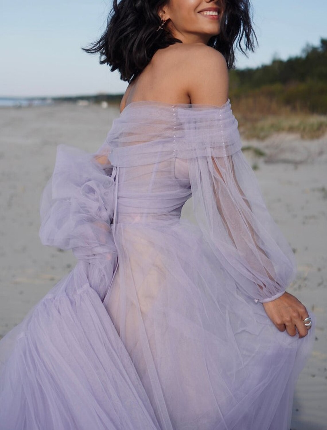 wholesale  A-Line Elegant Sexy Wedding Guest Prom Dress Off Shoulder Long Sleeve Floor Length Tulle with Bow(s) Pleats