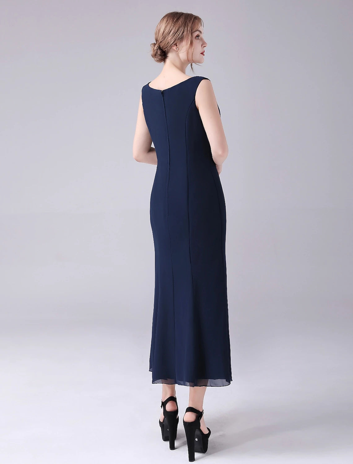 wholesale  A-Line Mother of the Bride Dress Elegant Sweet Jewel Neck Ankle Length Chiffon Sleeveless with Beading