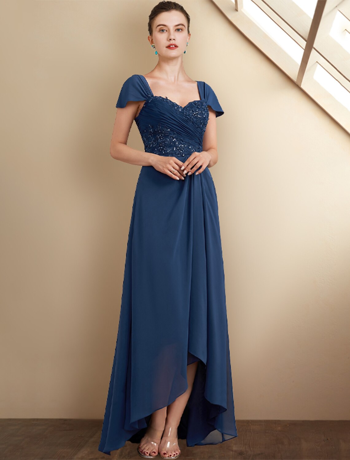 wholesale  A-Line Mother of the Bride Dress Wedding Guest Elegant High Low Square Neck Asymmetrical Tea Length Chiffon Lace Cap Sleeve Fall Wrap Included with Sequin Appliques Side-Draped