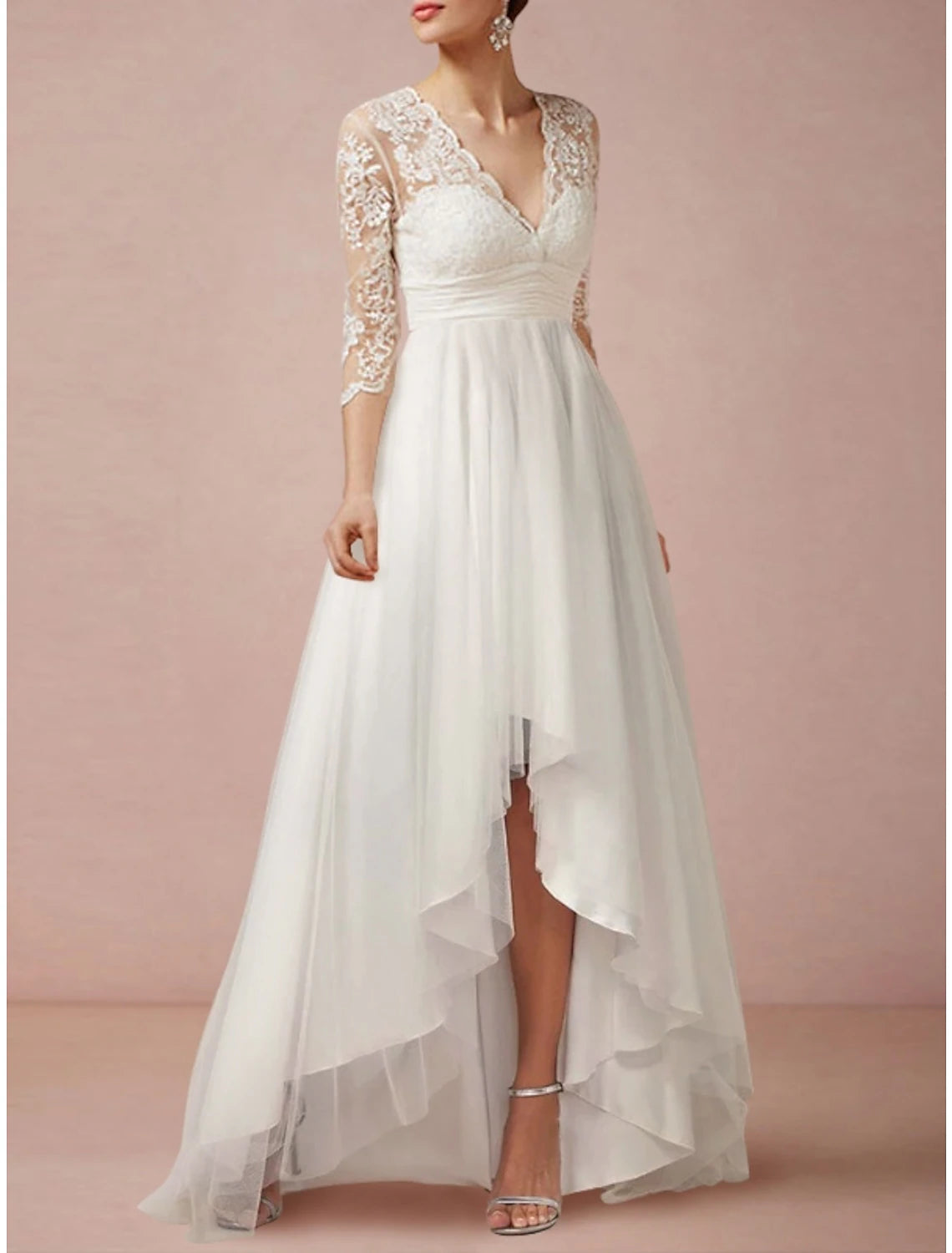 Wholesa Mature Wedding Dresses Sheath / Column V Neck 3/4 Length Sleeve Asymmetrical Chiffon Bridal Gowns With Pleats Ruched