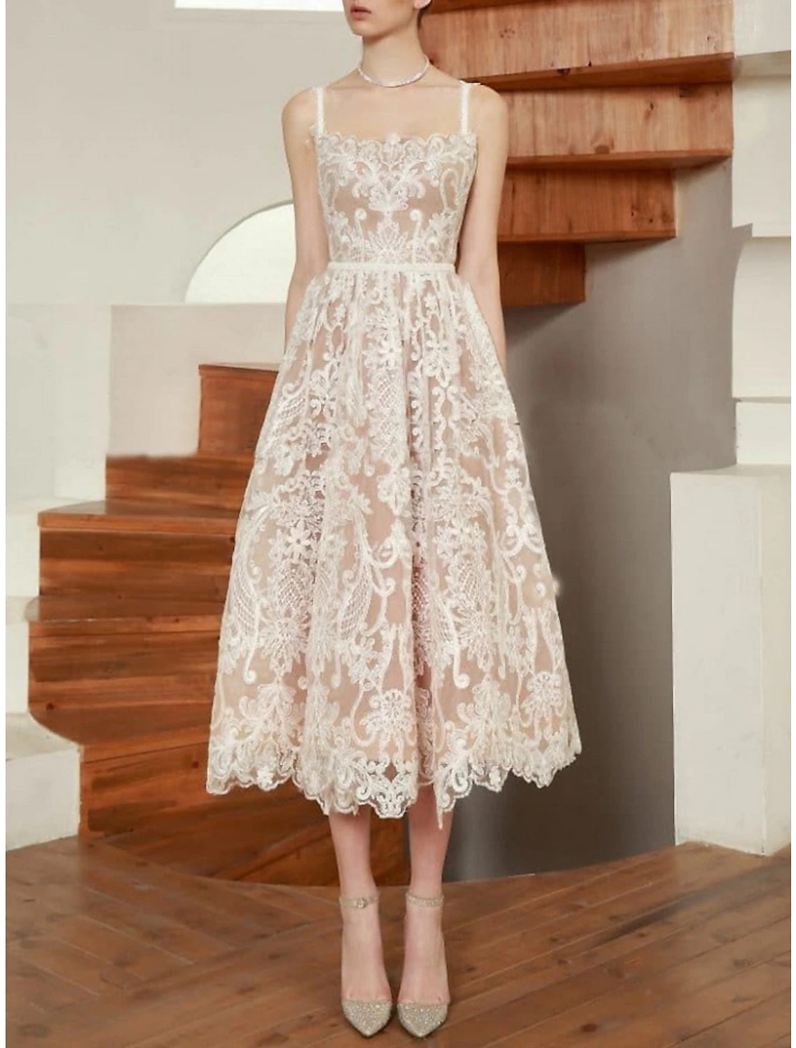 Wholesa  Casual Wedding Dresses A-Line Camisole Sleeveless Tea Length Lace Bridal Gowns With Pleats