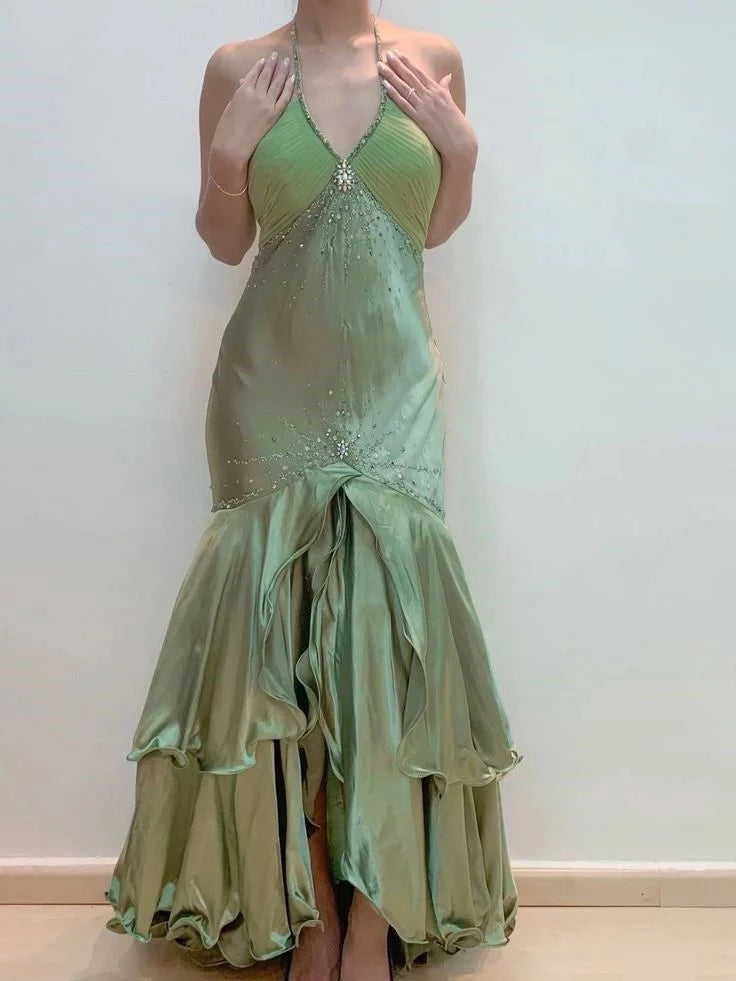 Vintage Halter V-neck Sleeveless Open Back Tiered Mermaid Prom Dress