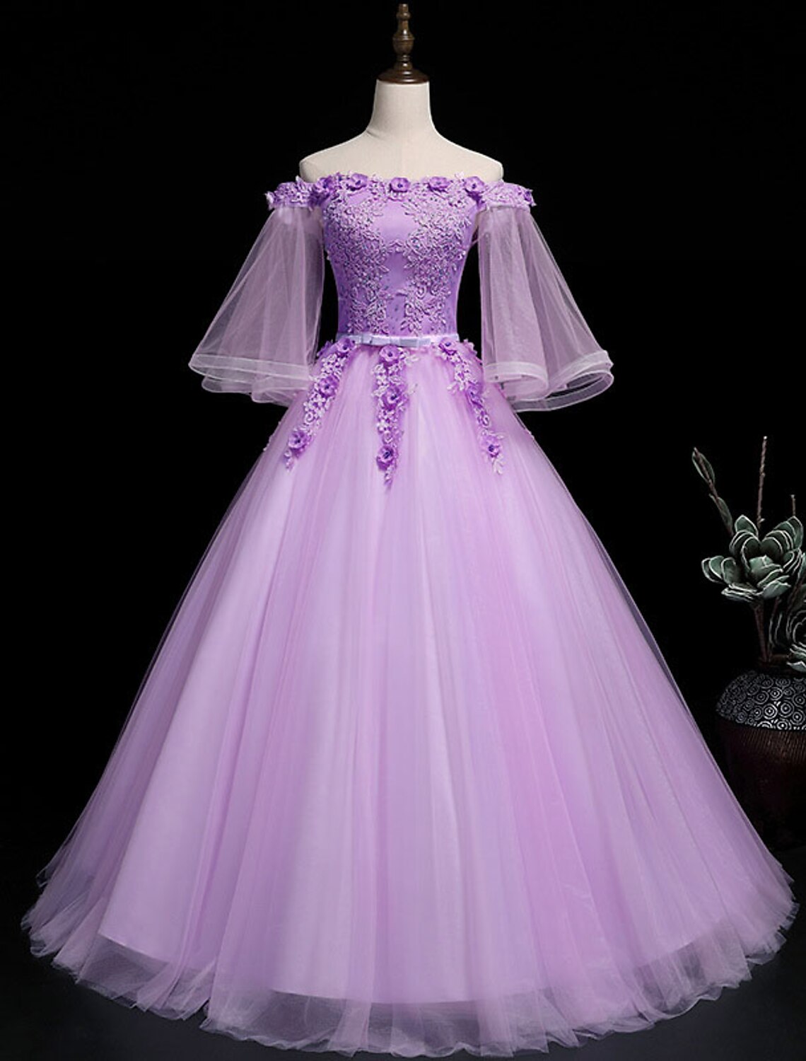 wholesale  Ball Gown Luxurious Floral Quinceanera Prom Birthday Dress Off Shoulder 3/4 Length Sleeve Floor Length Tulle with Sash / Ribbon Embroidery