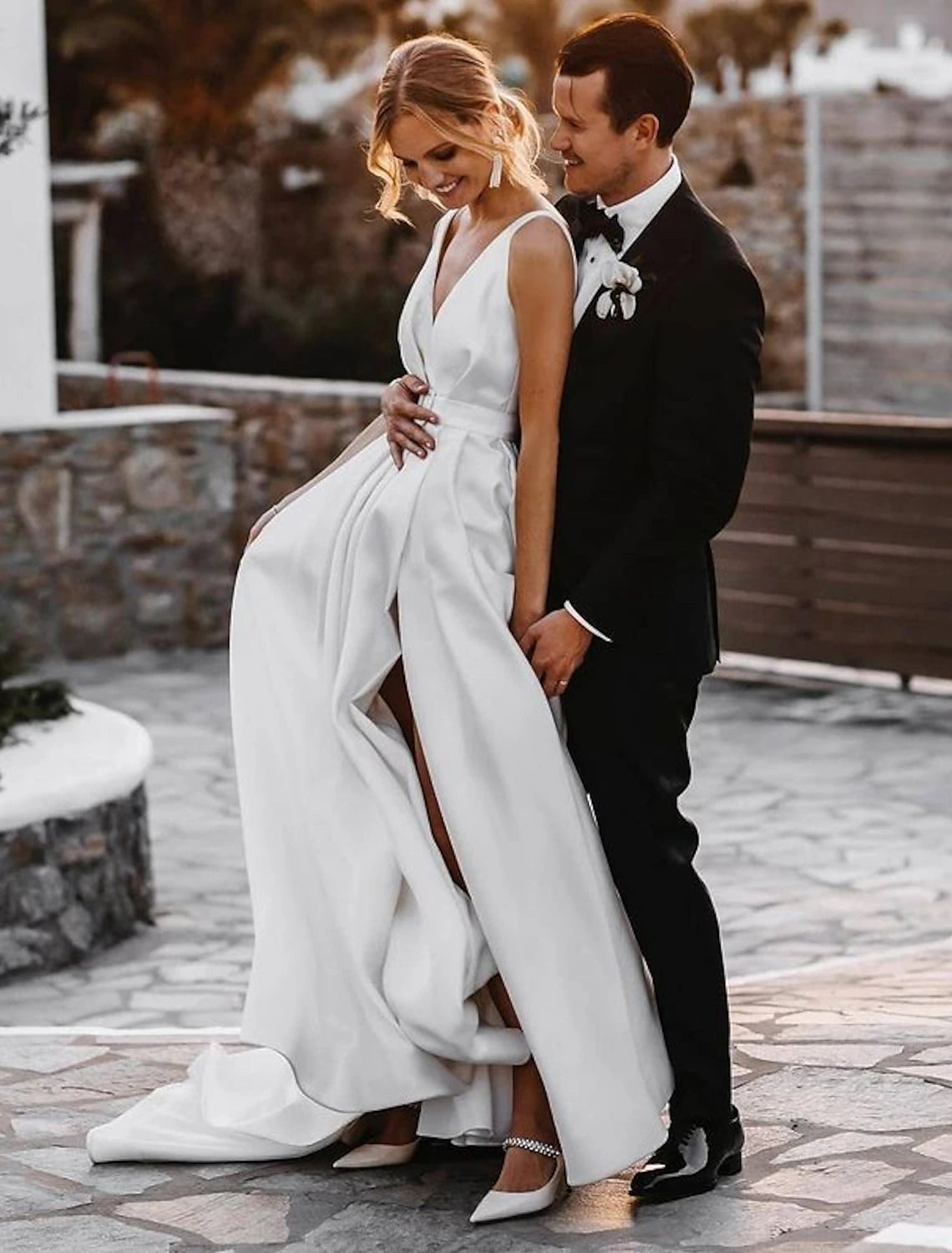 wholesale   Beach Casual Wedding Dresses A-Line V Neck Sleeveless Court Train Satin Bridal Gowns With Sashes / Ribbons Sash / Ribbon