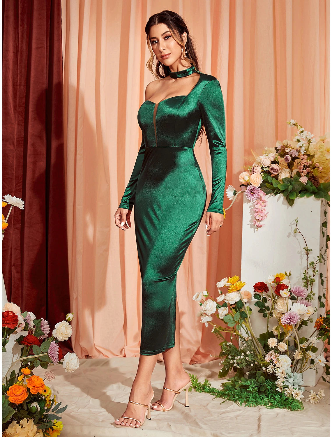 wholesa Mermaid / Trumpet Party Dresses Sexy Dress Wedding Party Semi Formal Tea Length Long Sleeve One Shoulder Stretch Satin with Ruched Slit